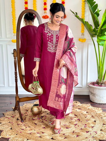 Embroidered Straight Kurti with Pants & Dupatta