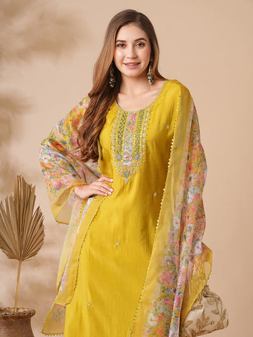 Embroidered Straight Kurti with Pants & Dupatta