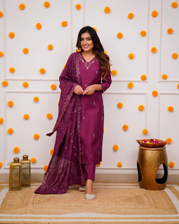 Embroidered Straight Kurti with Pants & Dupatta