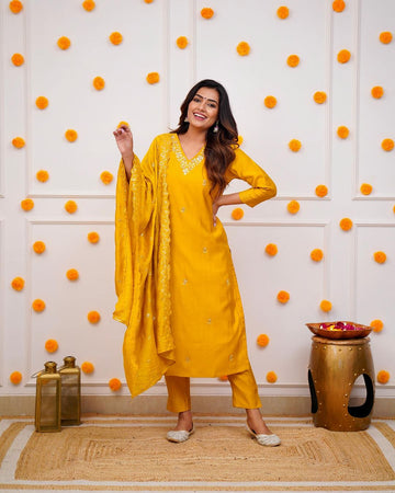Embroidered Straight Kurti with Pants & Dupatta