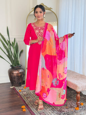 Embroidered Straight Kurti with Pants & Dupatta