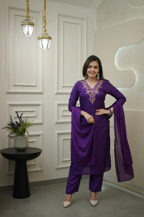 Embroidered Straight Kurti with Pants & Dupatta