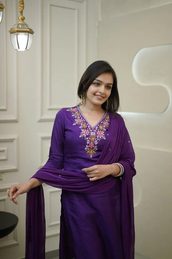 Embroidered Straight Kurti with Pants & Dupatta