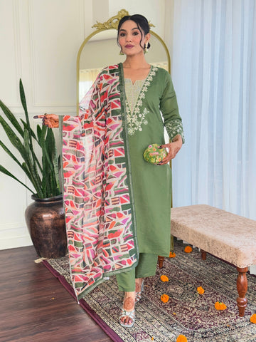 Embroidered Straight Kurti with Pants & Dupatta