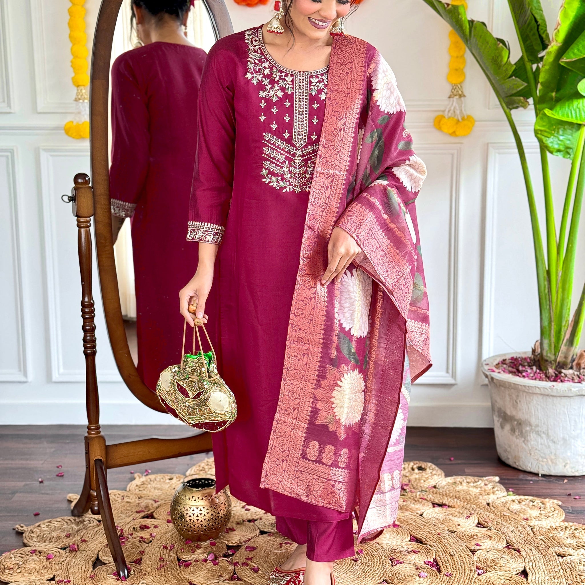 Embroidered Straight Kurti with Pants & Dupatta