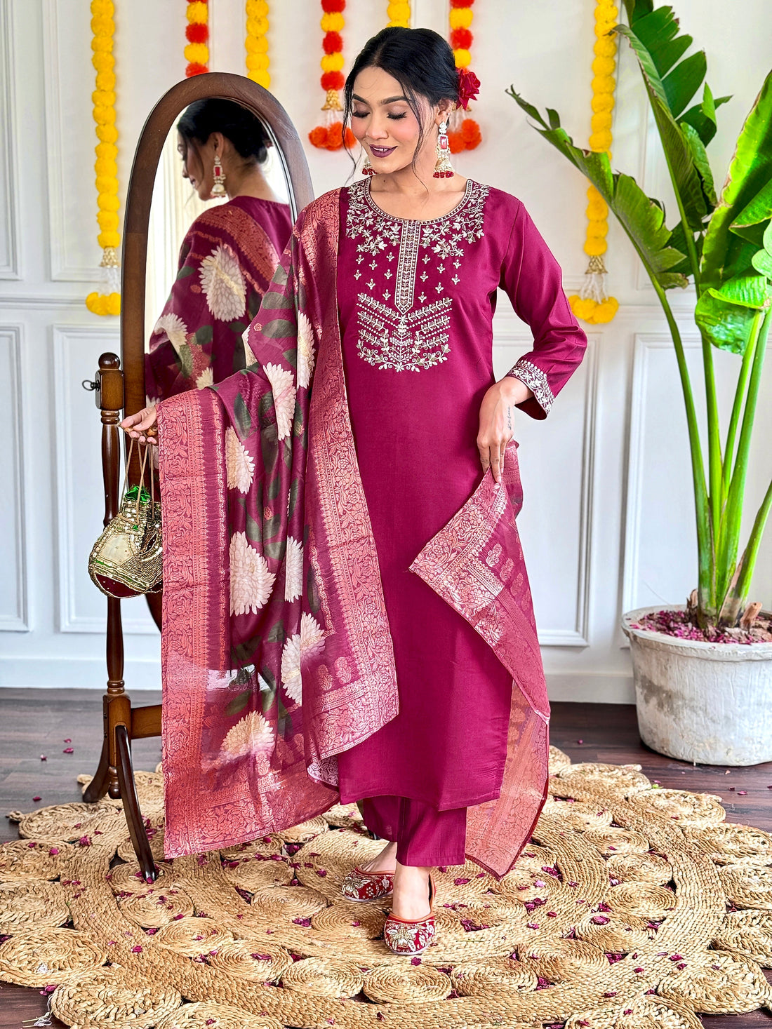 Embroidered Straight Kurti with Pants & Dupatta
