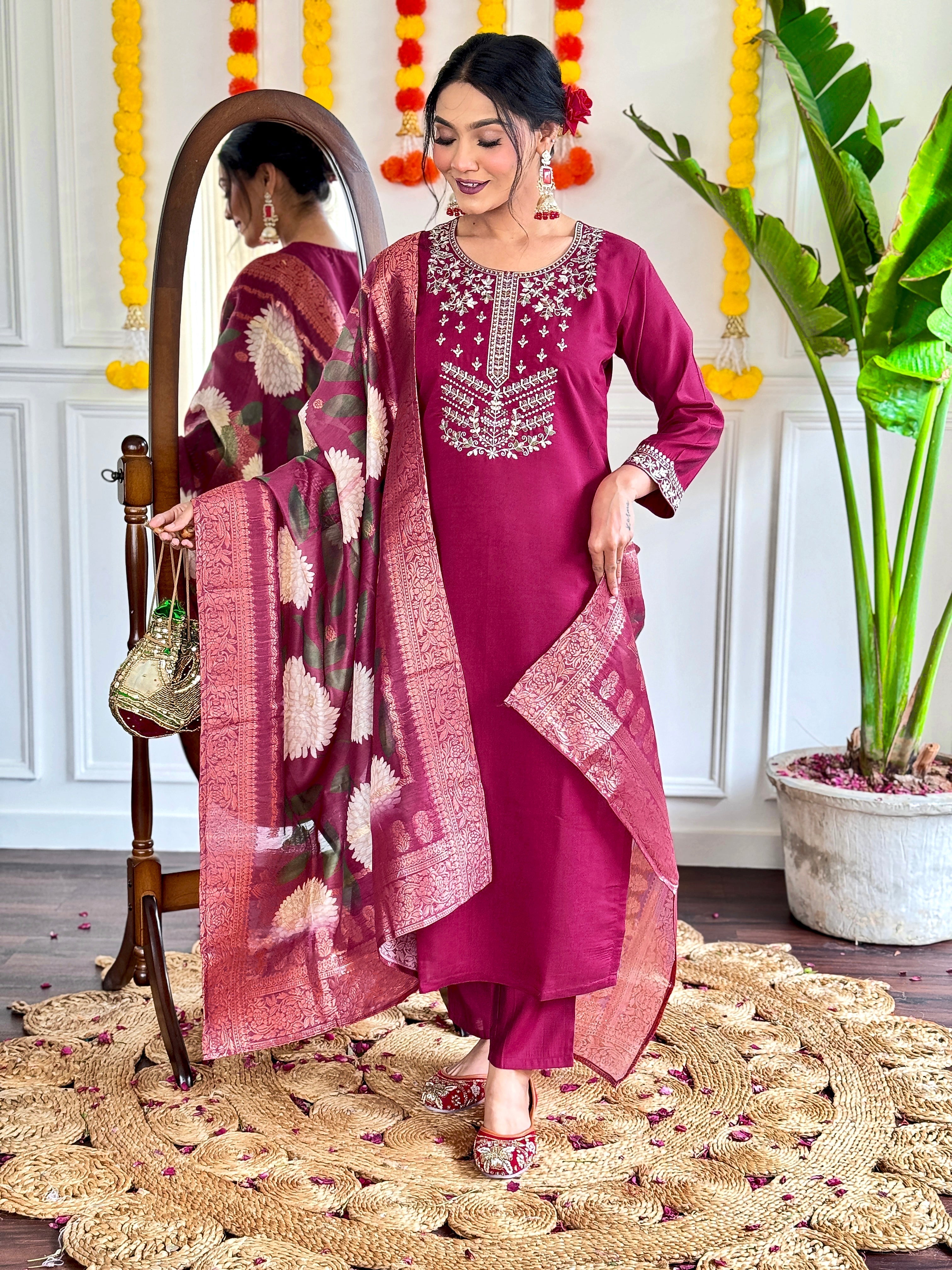 Embroidered Straight Kurti with Pants & Dupatta