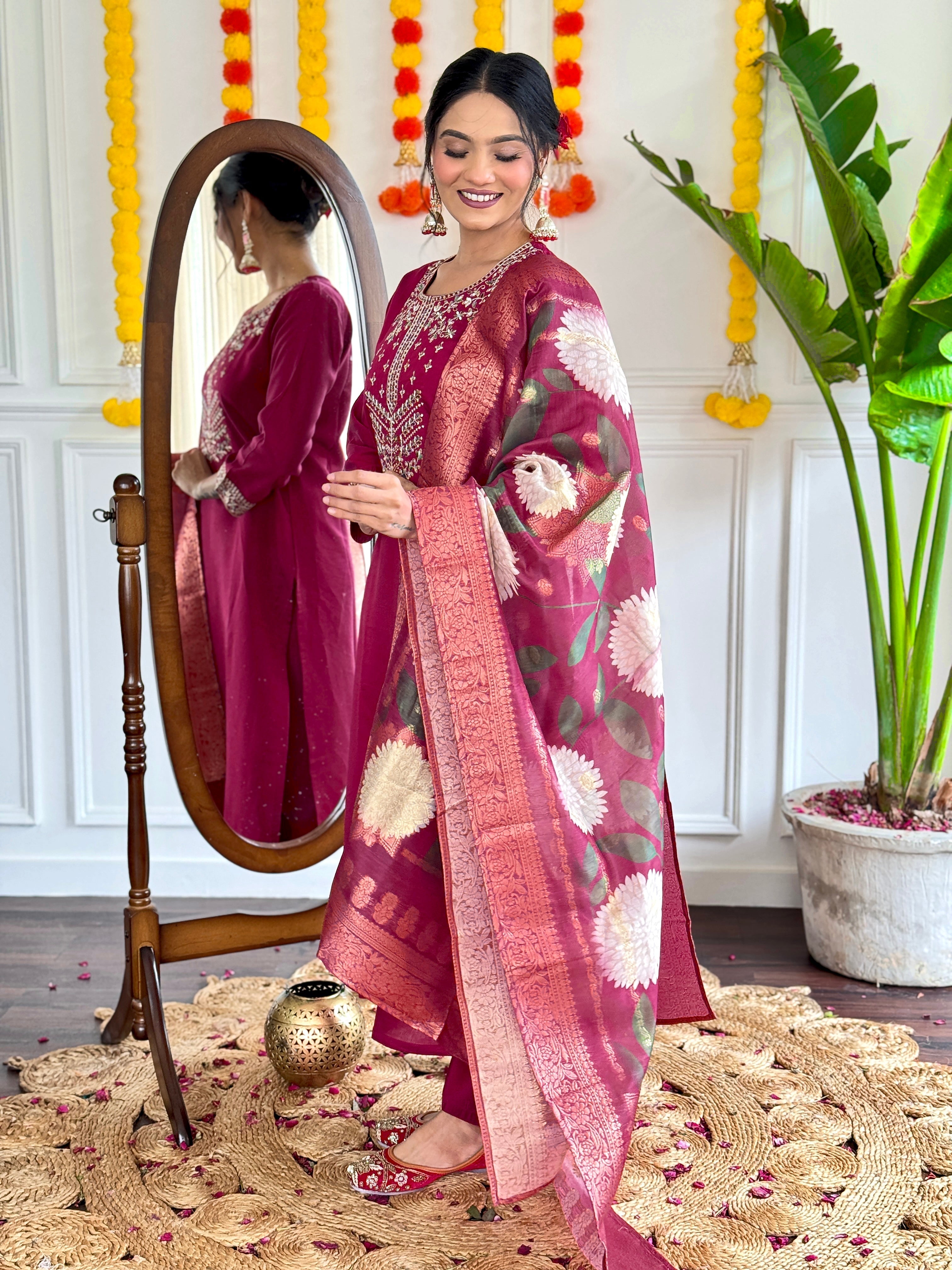 Embroidered Straight Kurti with Pants & Dupatta