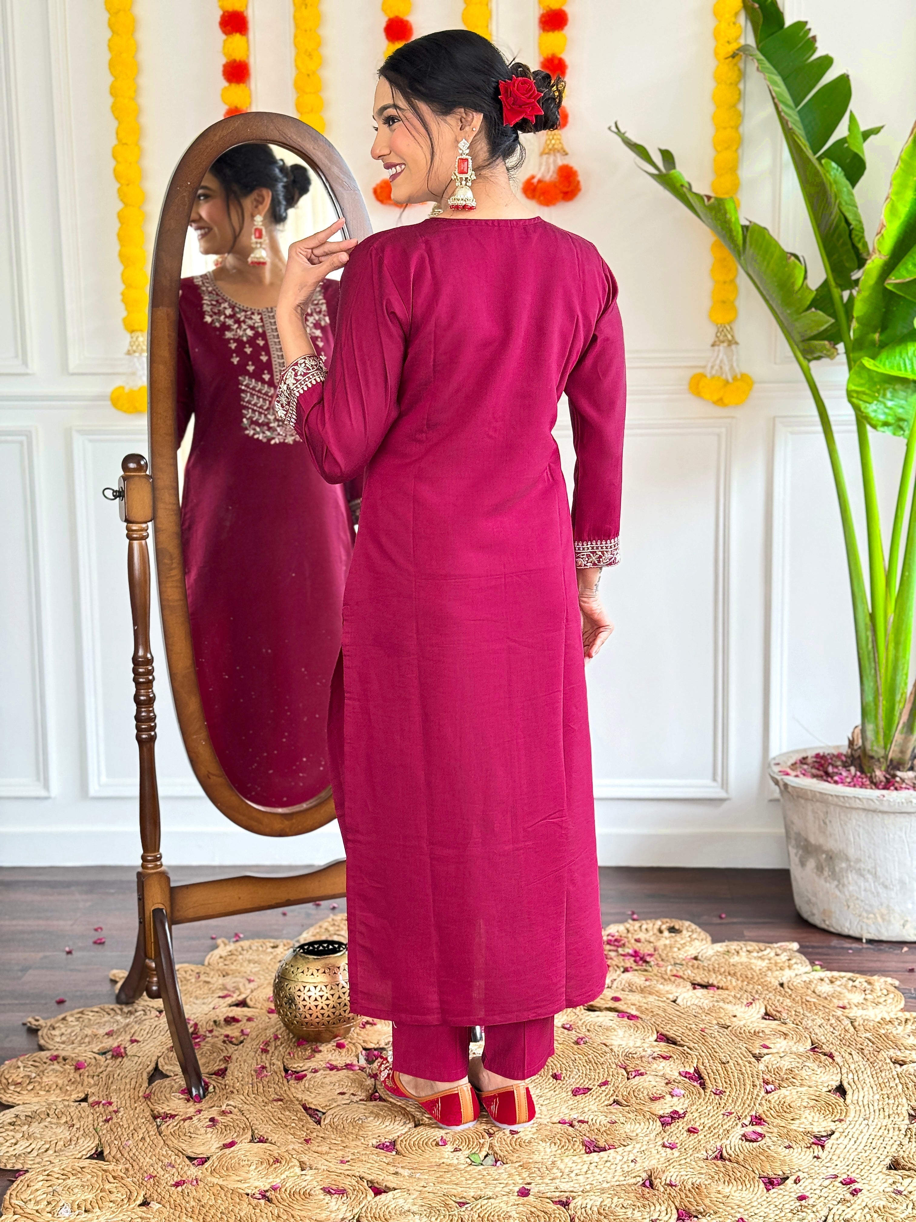 Embroidered Straight Kurti with Pants & Dupatta