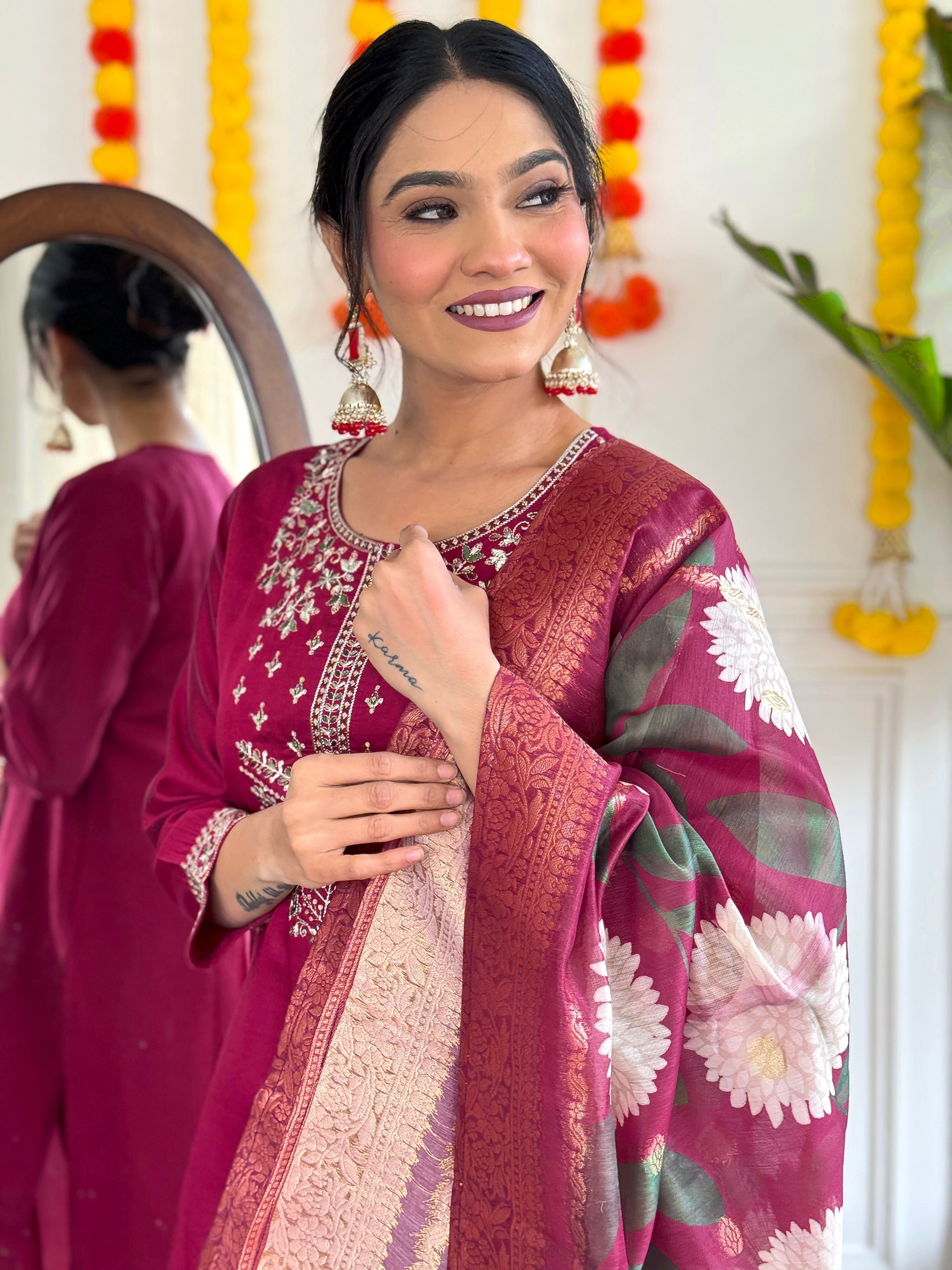Embroidered Straight Kurti with Pants & Dupatta