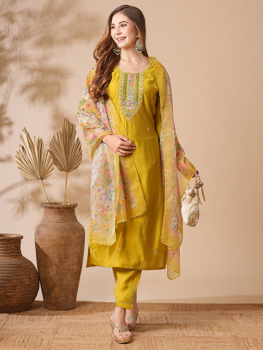 Embroidered Straight Kurti with Pants & Dupatta