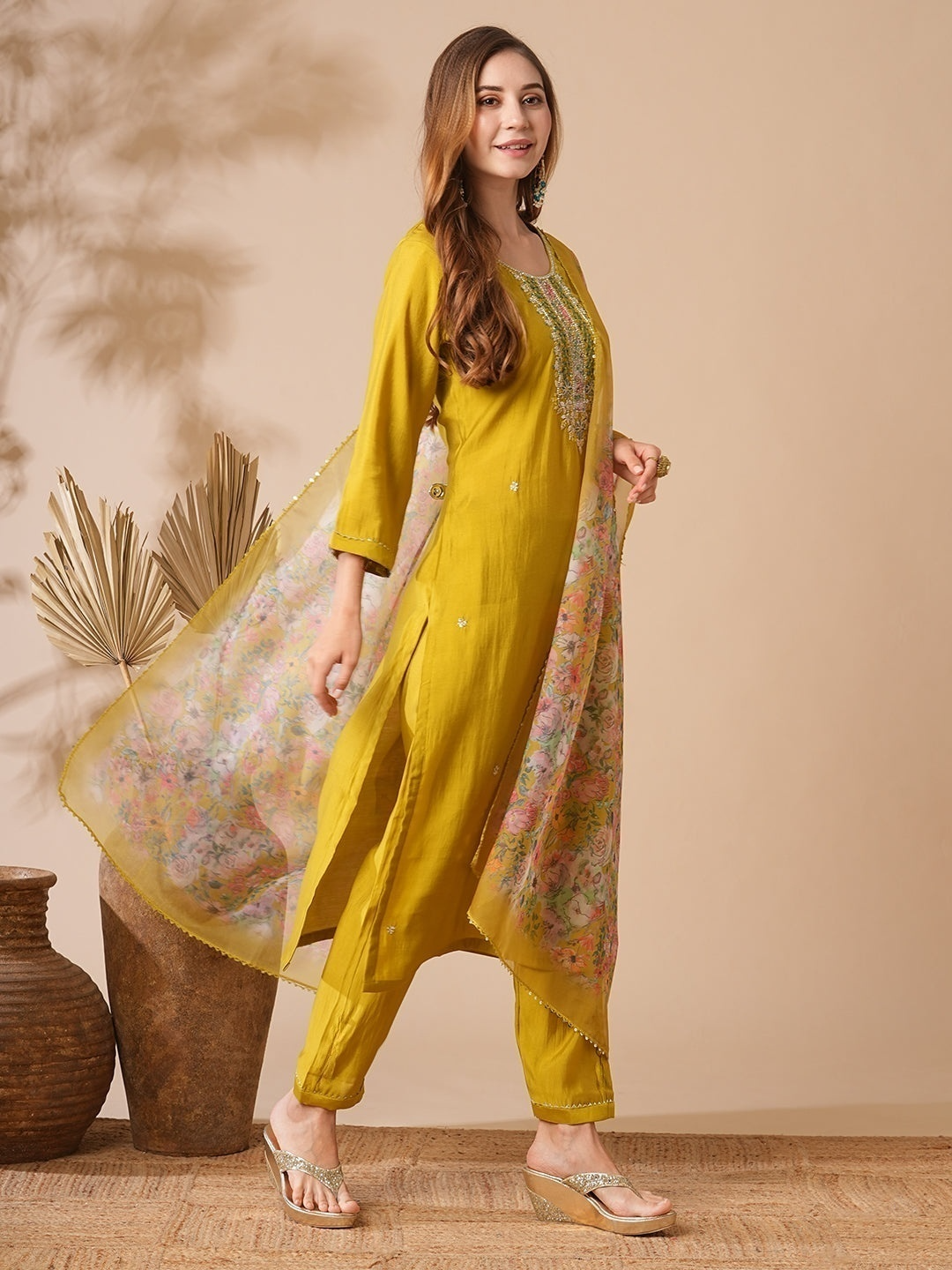 Embroidered Straight Kurti with Pants & Dupatta