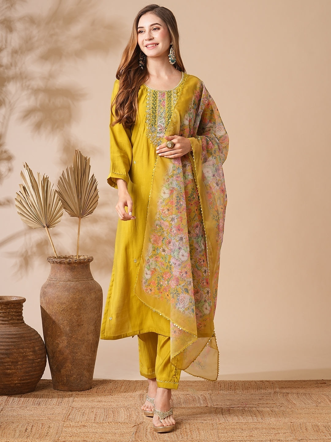 Embroidered Straight Kurti with Pants & Dupatta