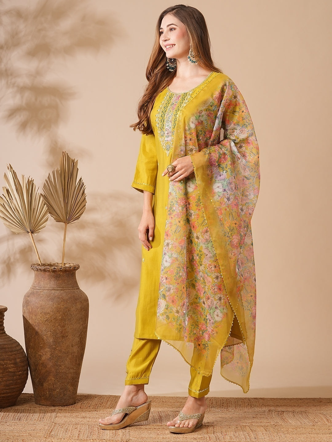 Embroidered Straight Kurti with Pants & Dupatta