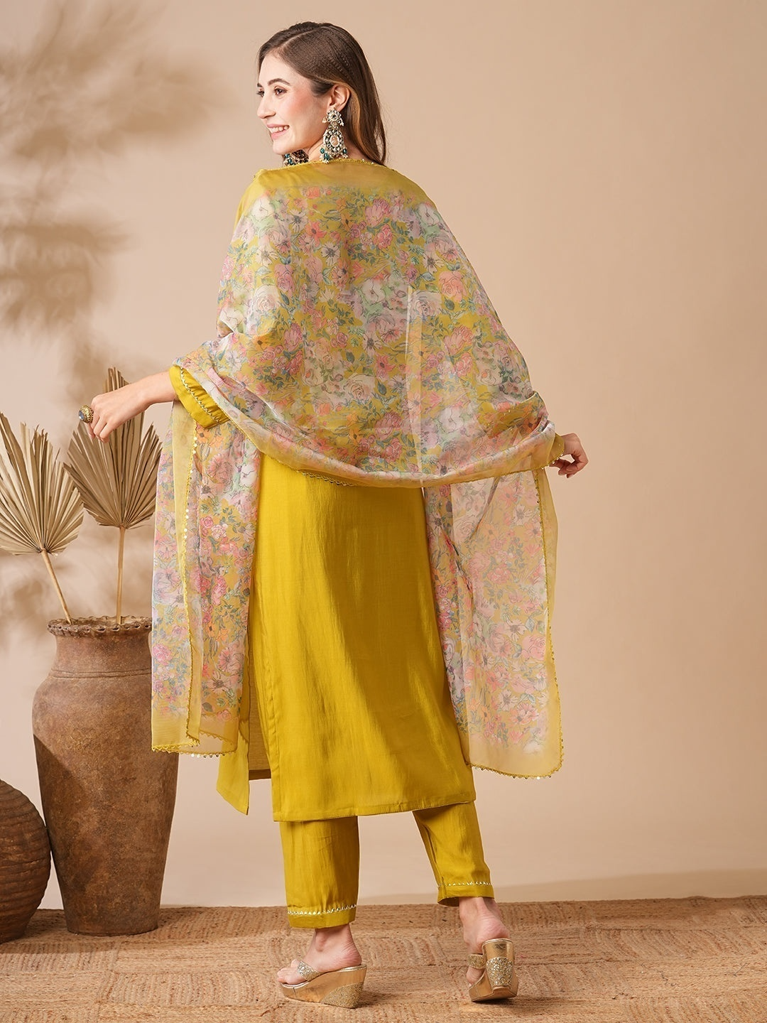 Embroidered Straight Kurti with Pants & Dupatta