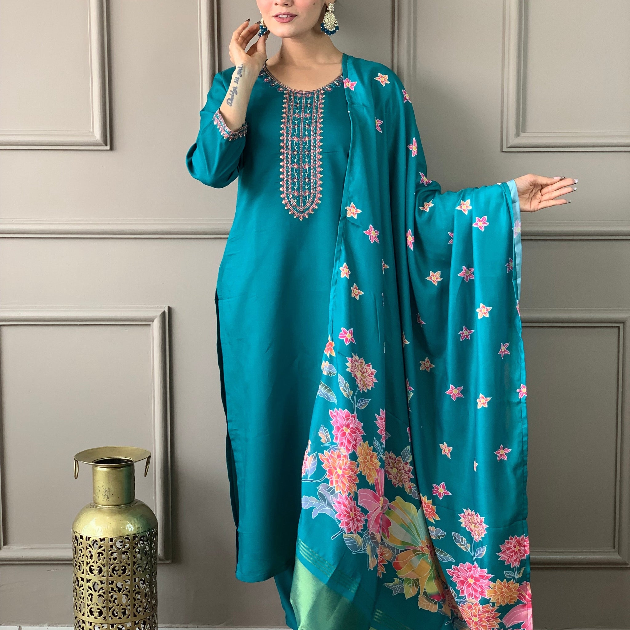 Embroidered Straight Kurti with Pants & Dupatta