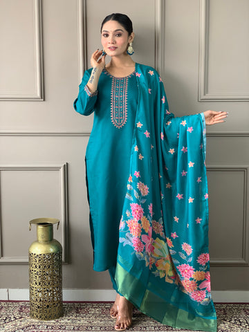 Embroidered Straight Kurti with Pants & Dupatta
