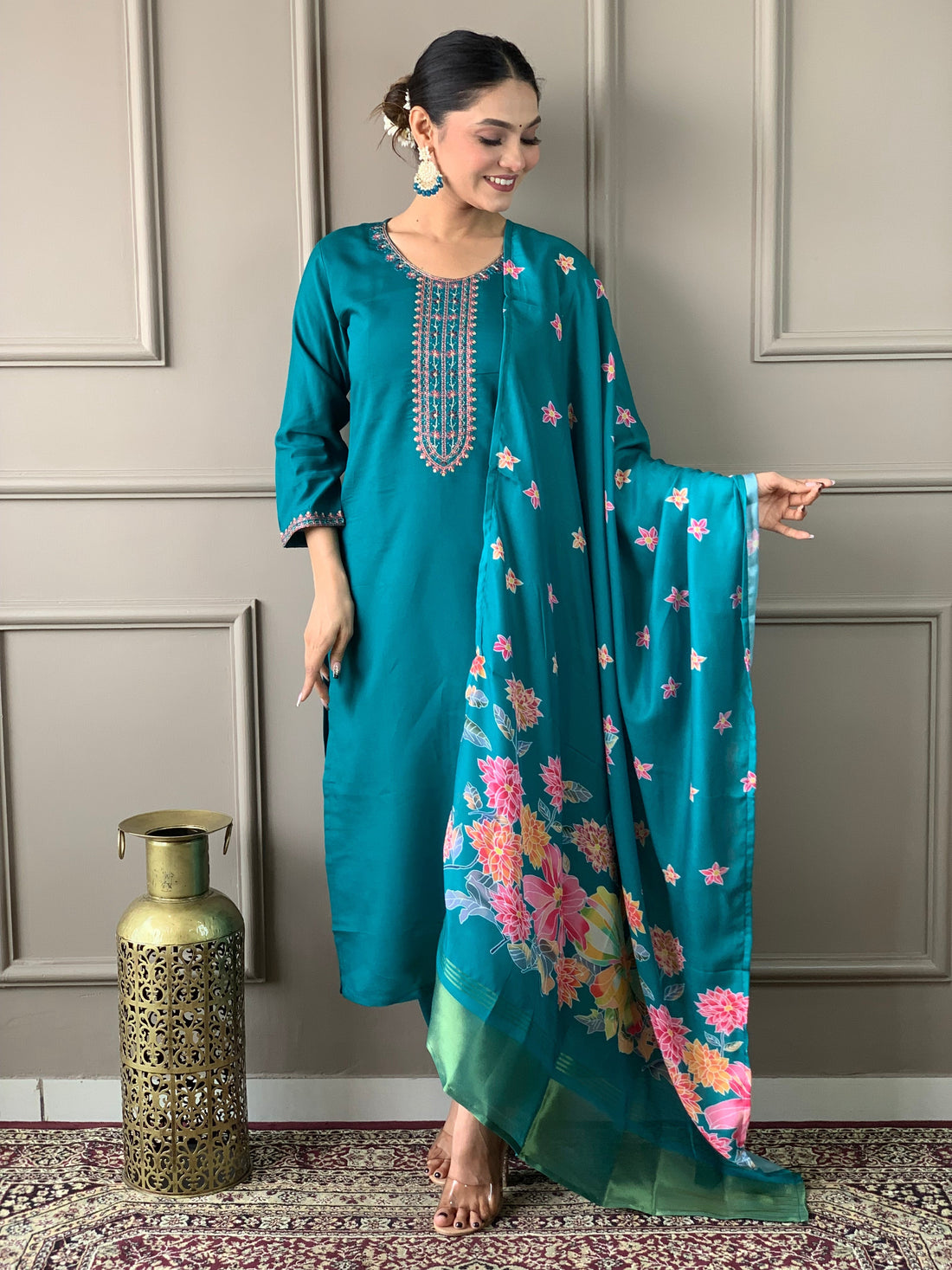 Embroidered Straight Kurti with Pants & Dupatta