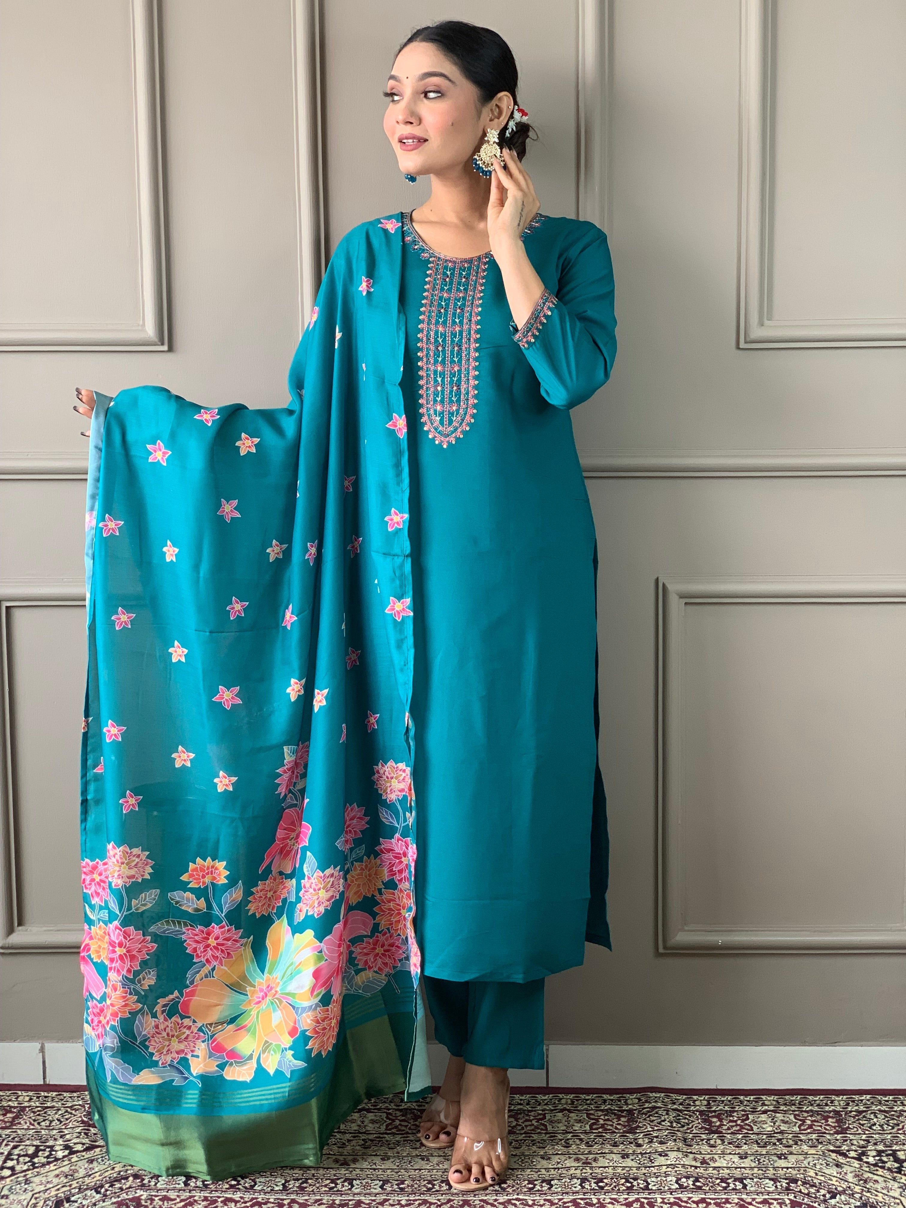 Embroidered Straight Kurti with Pants & Dupatta
