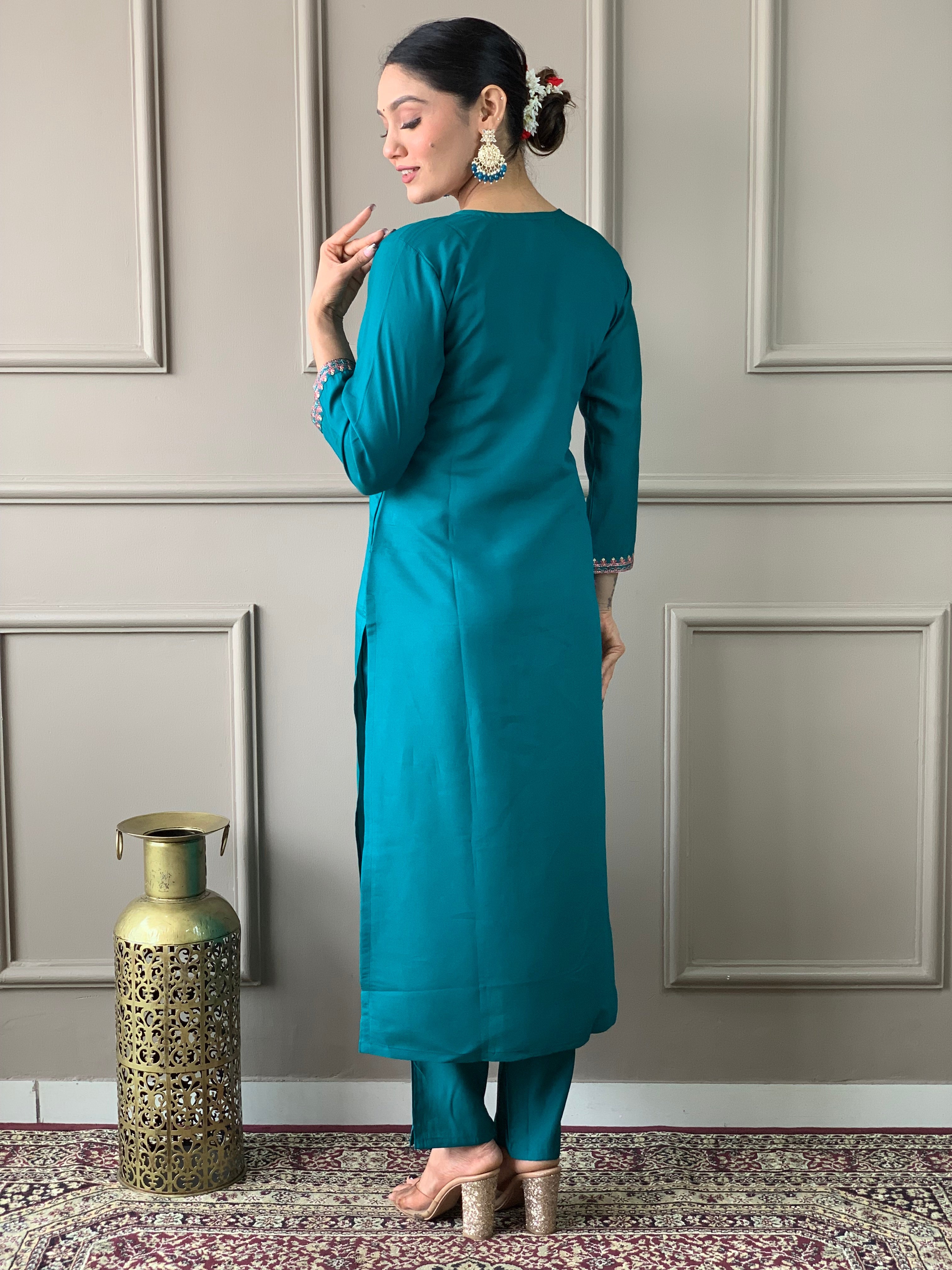 Embroidered Straight Kurti with Pants & Dupatta