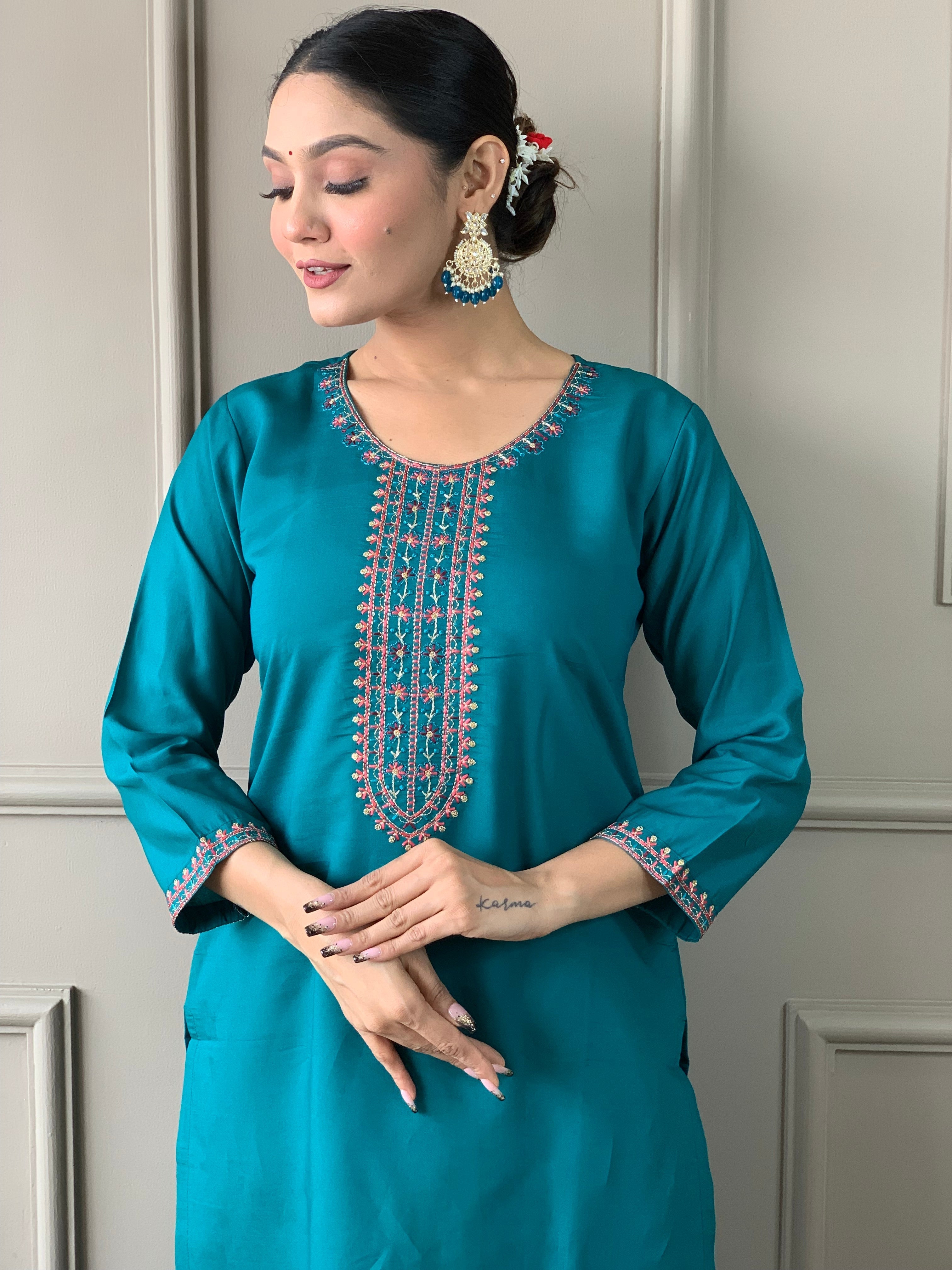 Embroidered Straight Kurti with Pants & Dupatta