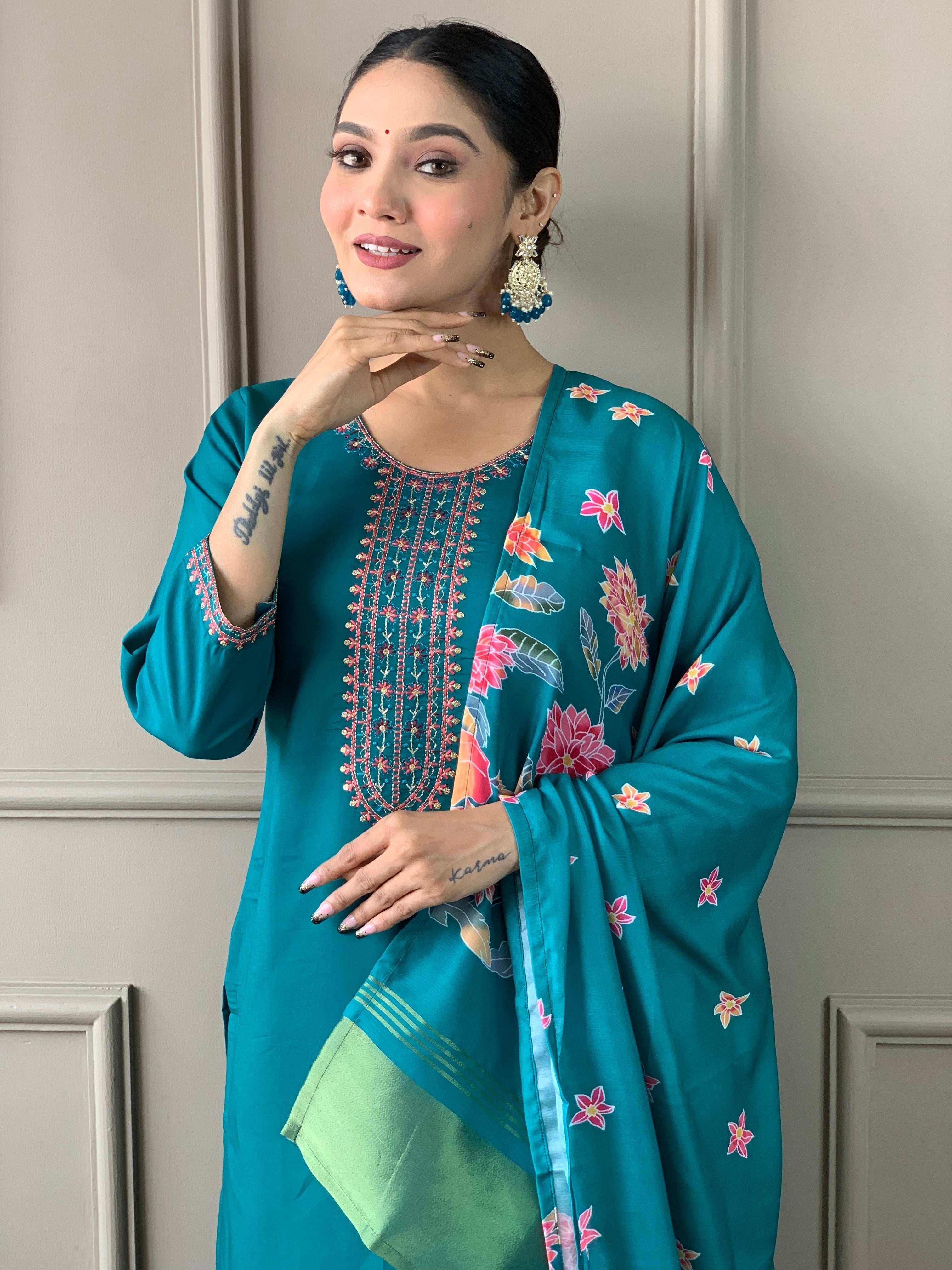 Embroidered Straight Kurti with Pants & Dupatta