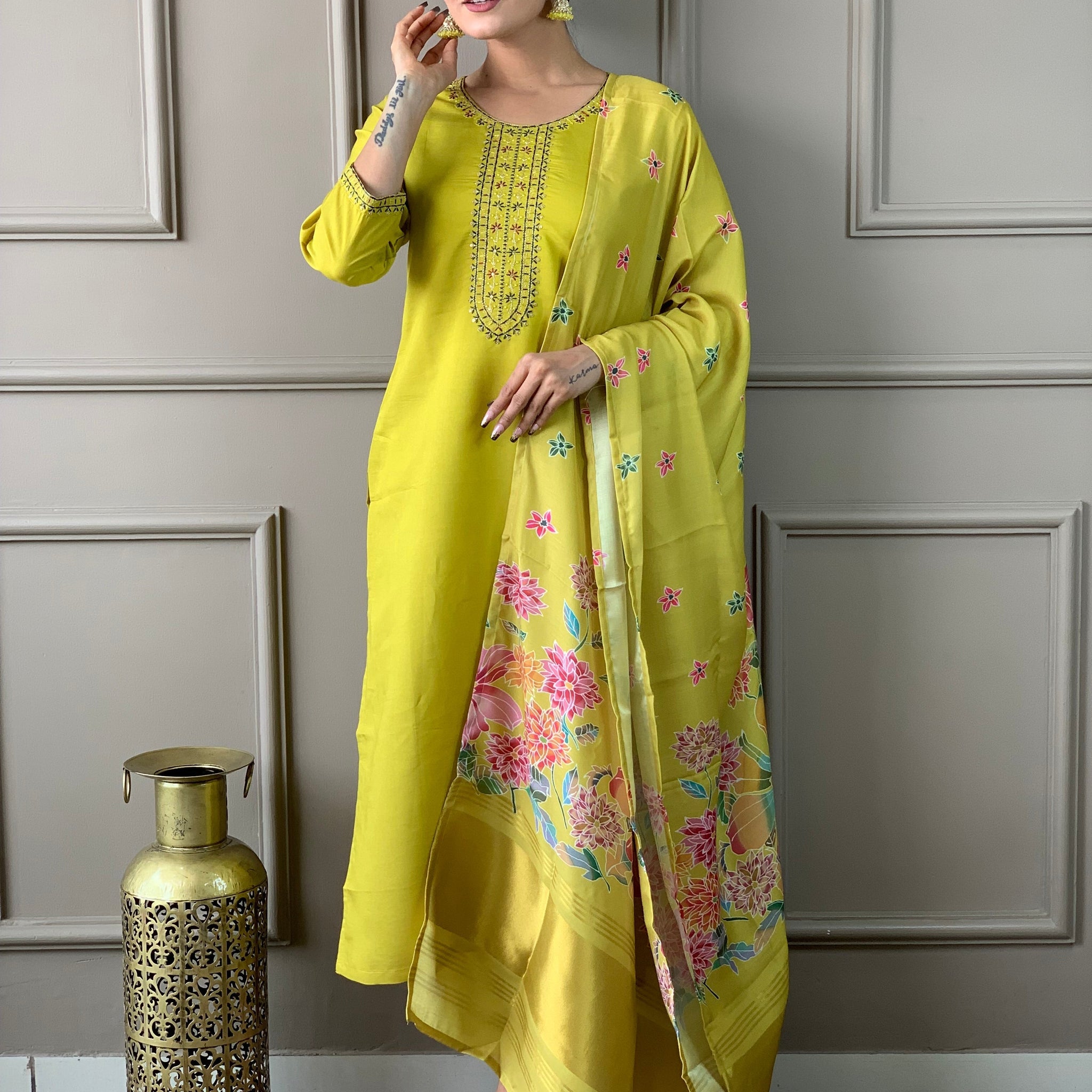 Embroidered Straight Kurti with Pants & Dupatta