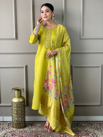 Embroidered Straight Kurti with Pants & Dupatta