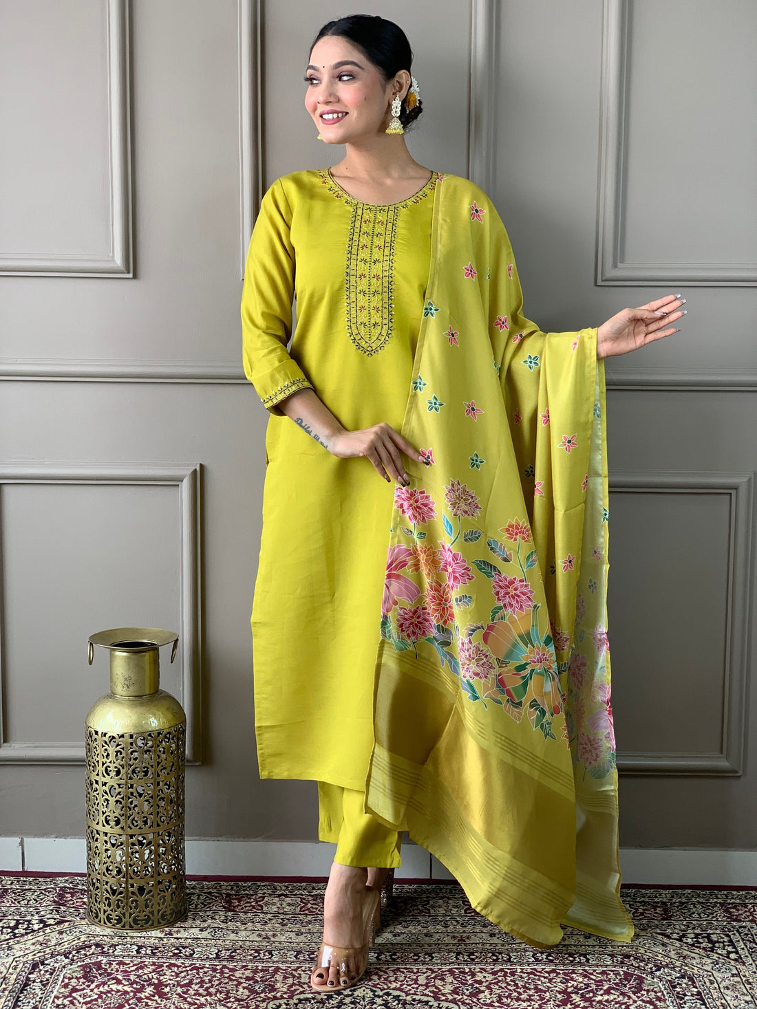 Embroidered Straight Kurti with Pants & Dupatta