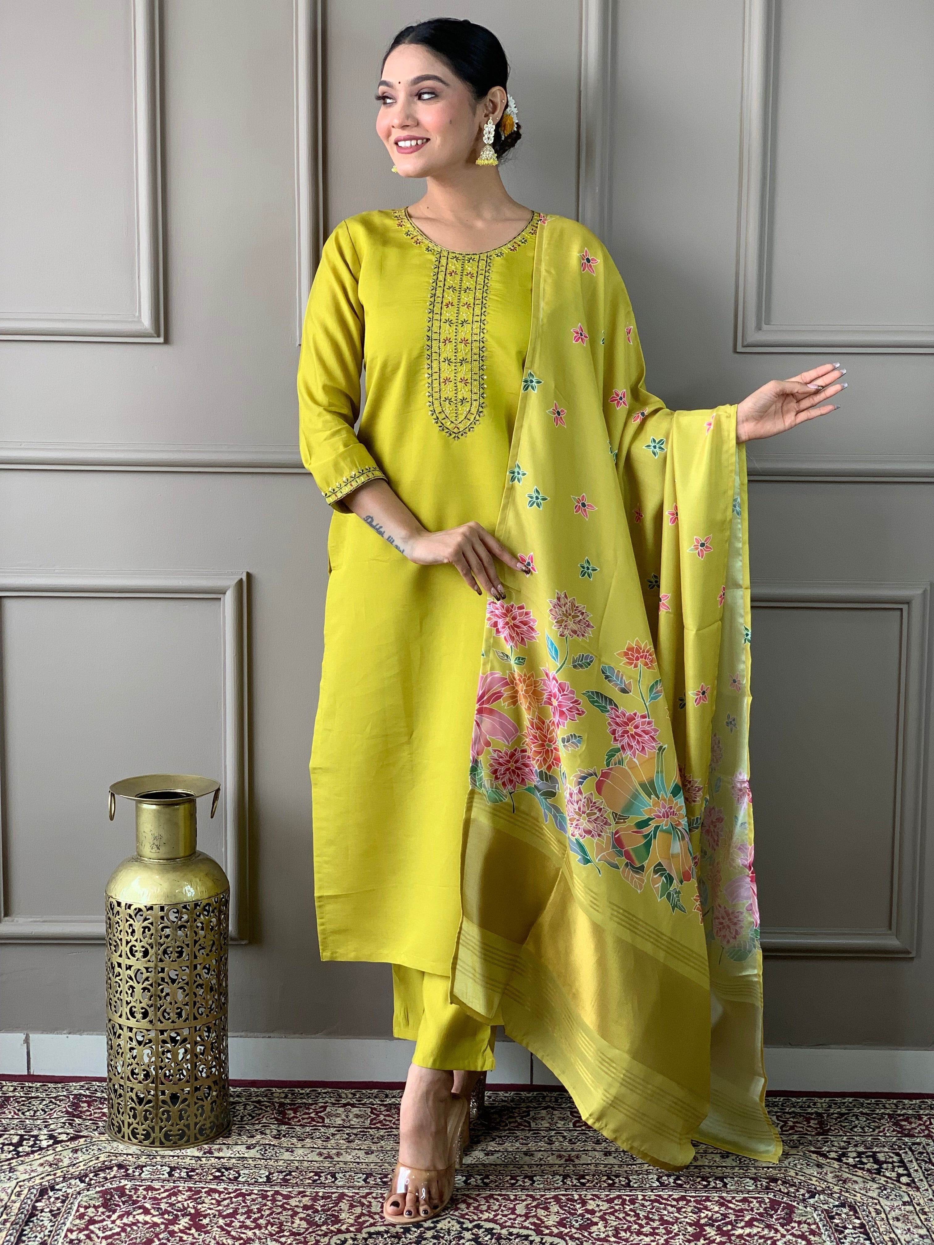 Embroidered Straight Kurti with Pants & Dupatta