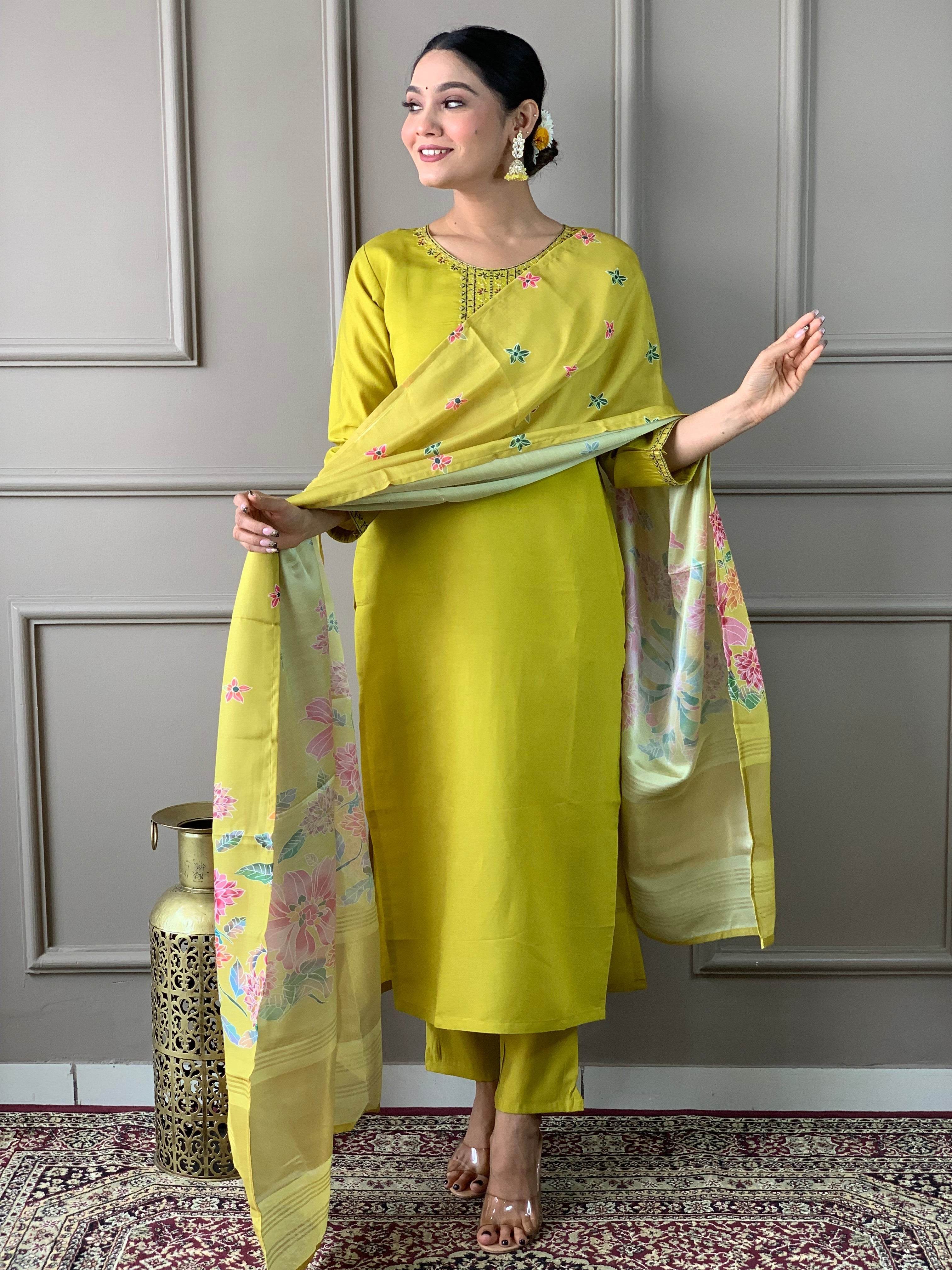 Embroidered Straight Kurti with Pants & Dupatta