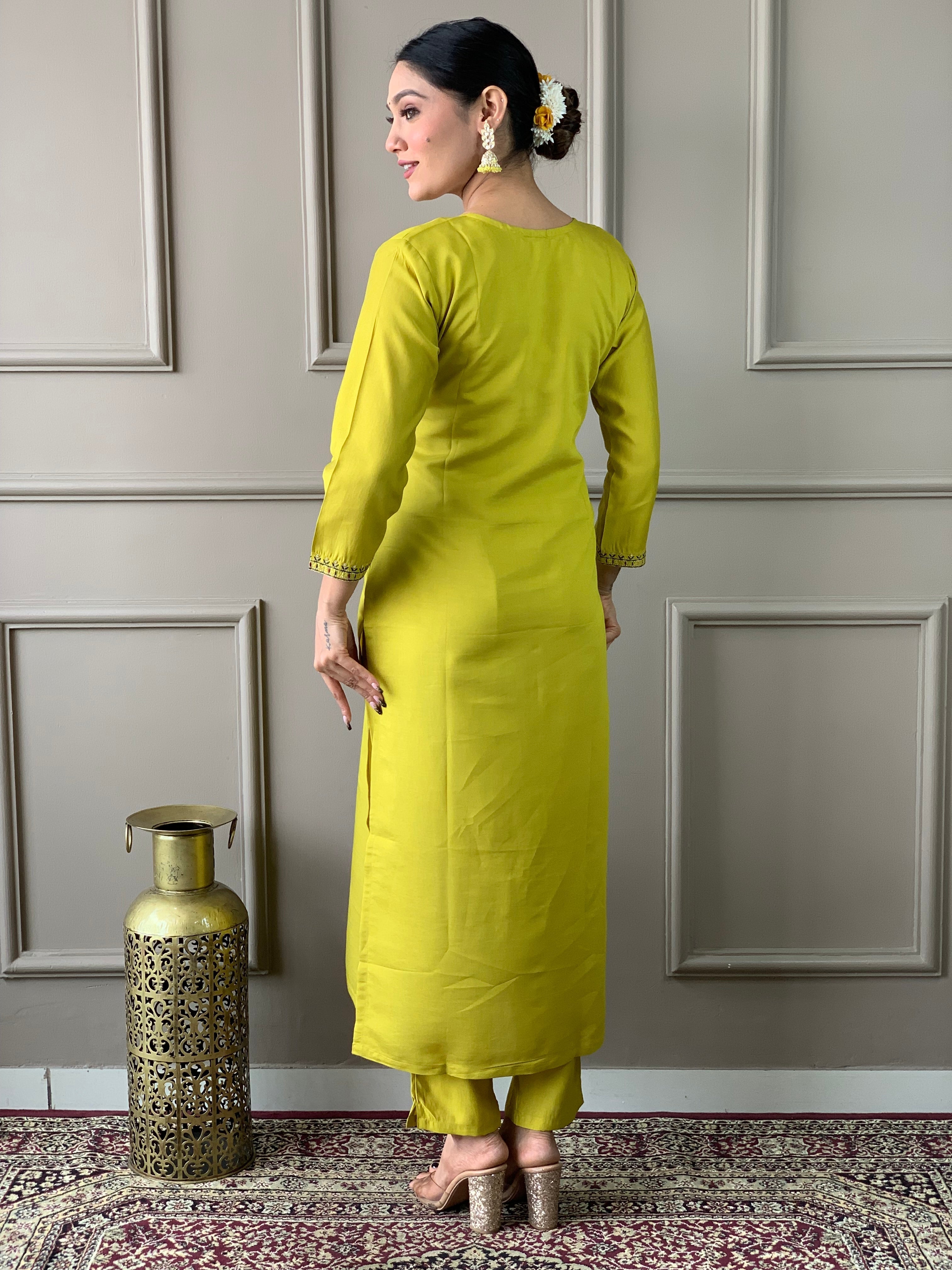 Embroidered Straight Kurti with Pants & Dupatta