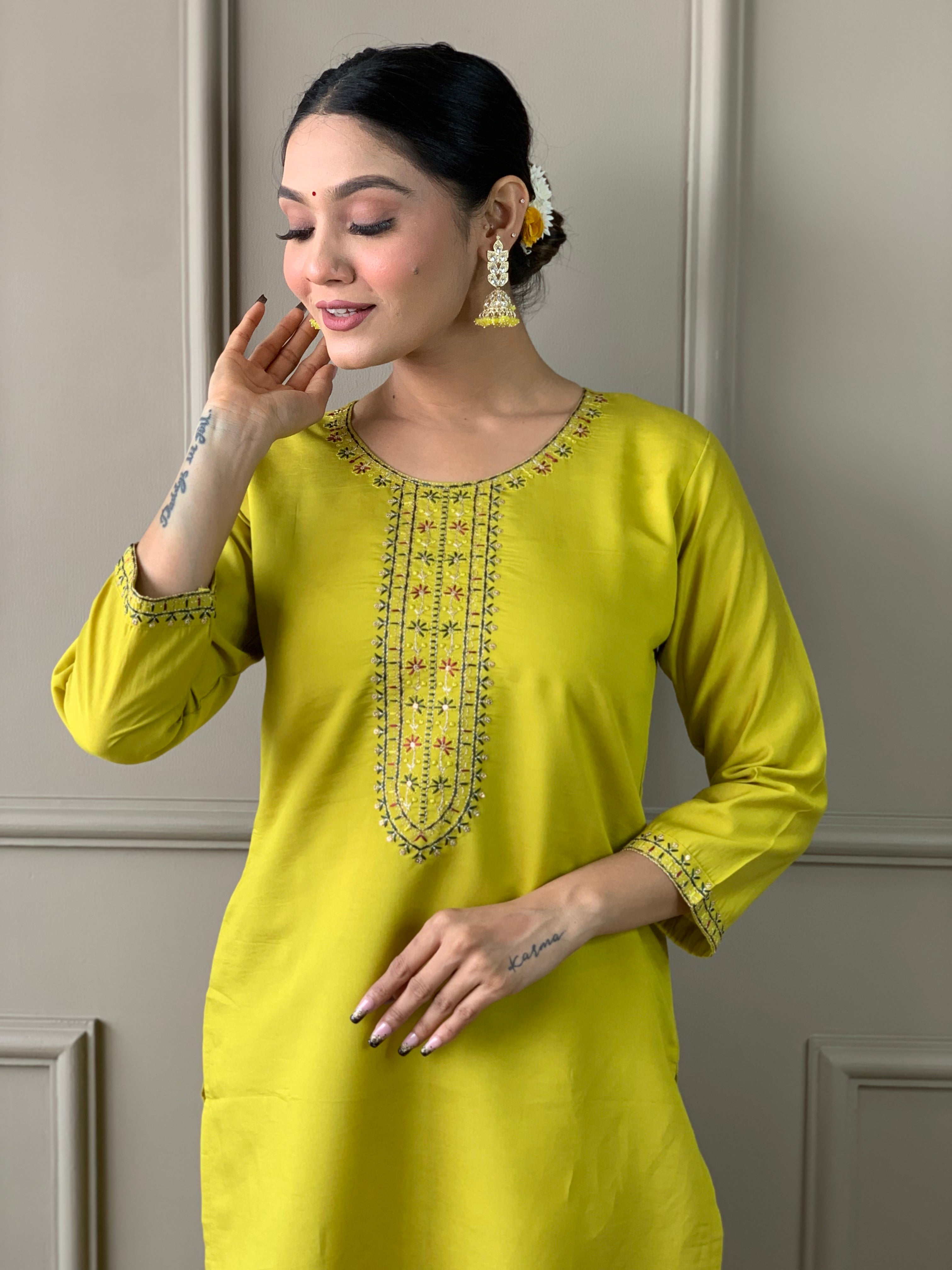 Embroidered Straight Kurti with Pants & Dupatta
