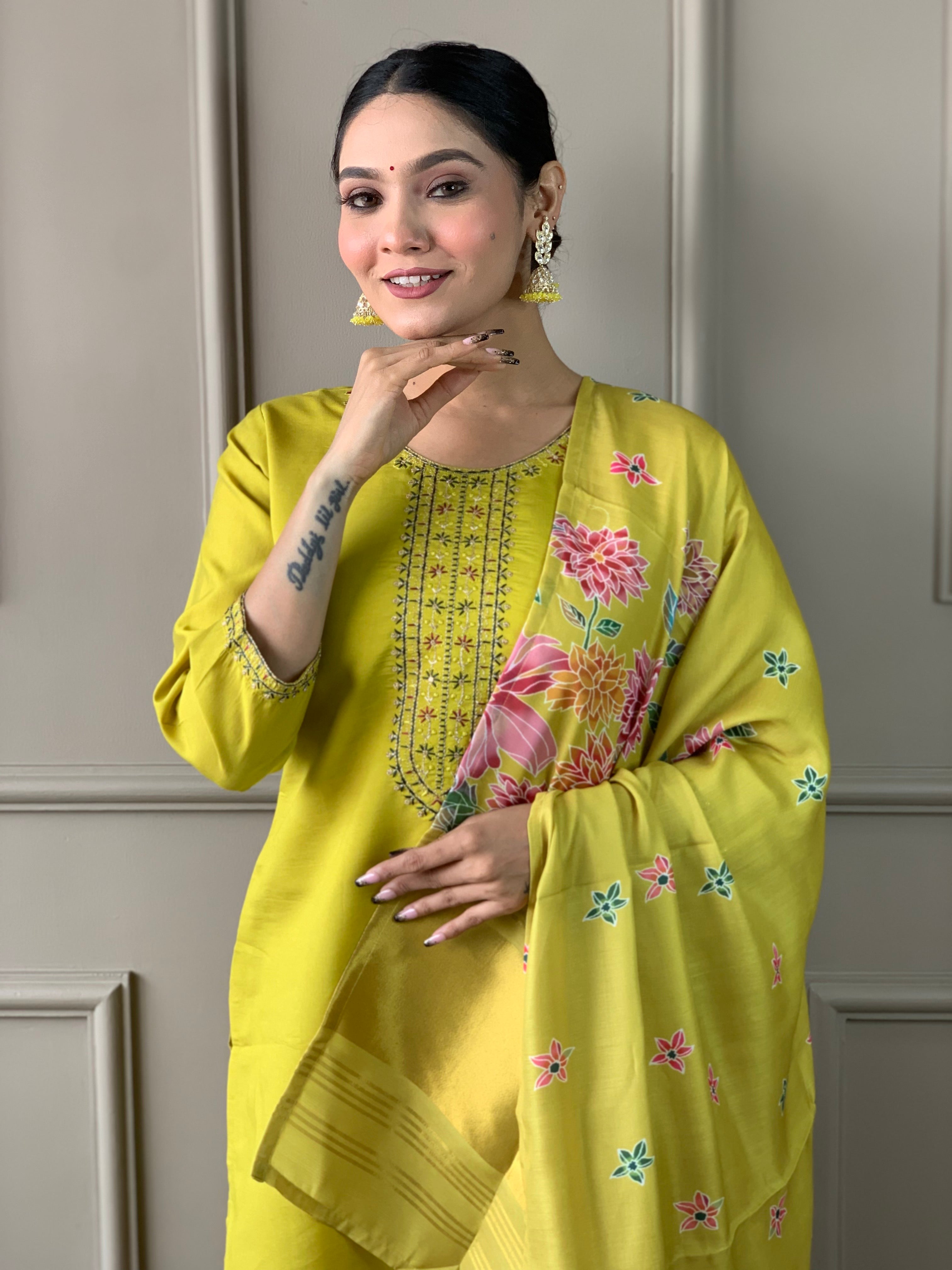 Embroidered Straight Kurti with Pants & Dupatta