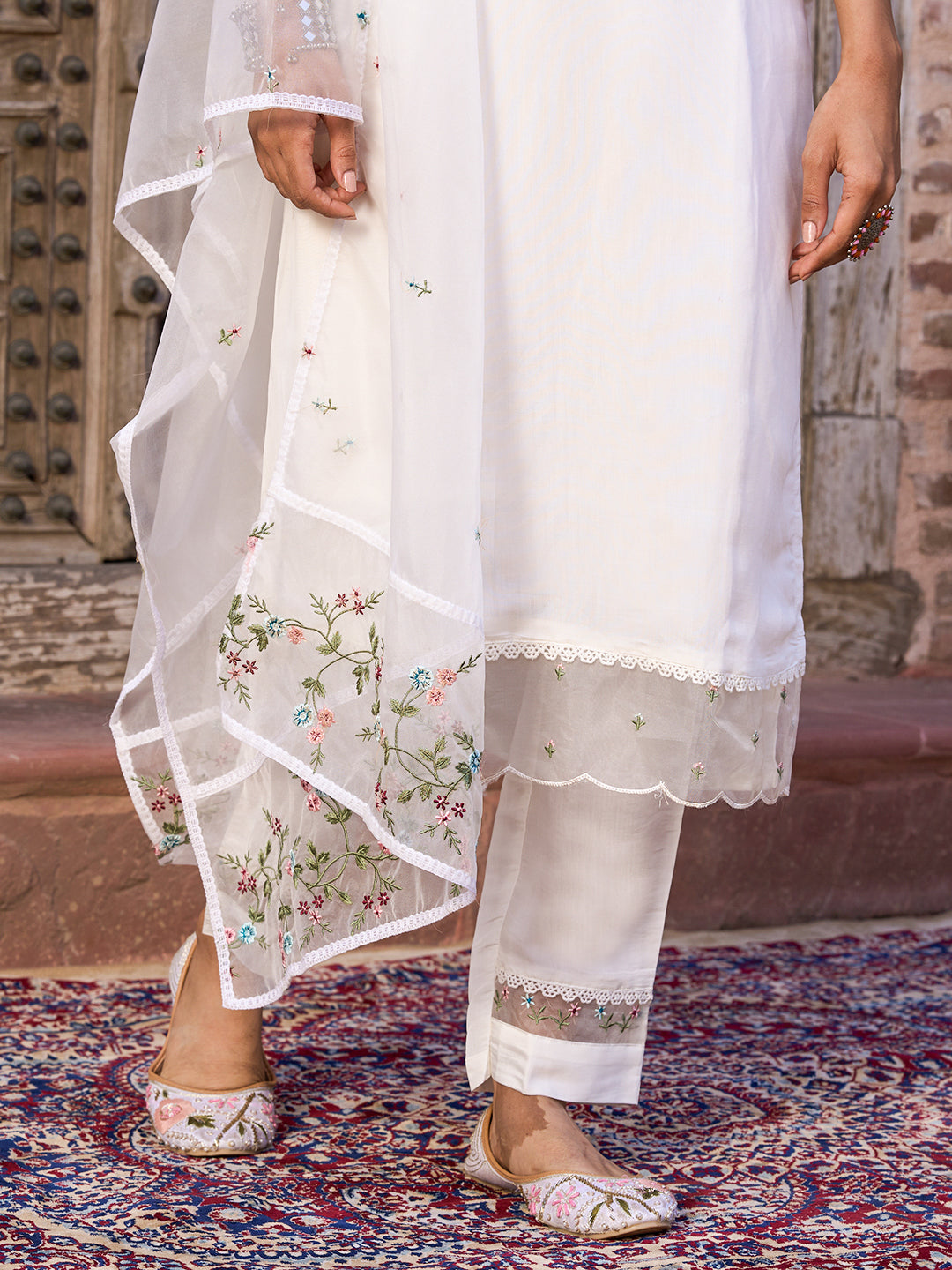 Embroidered Straight Kurti with Pants & Dupatta