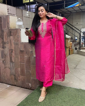 Embroidered Straight Kurti with Pants & Dupatta
