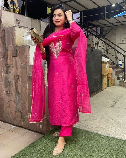 Embroidered Straight Kurti with Pants & Dupatta