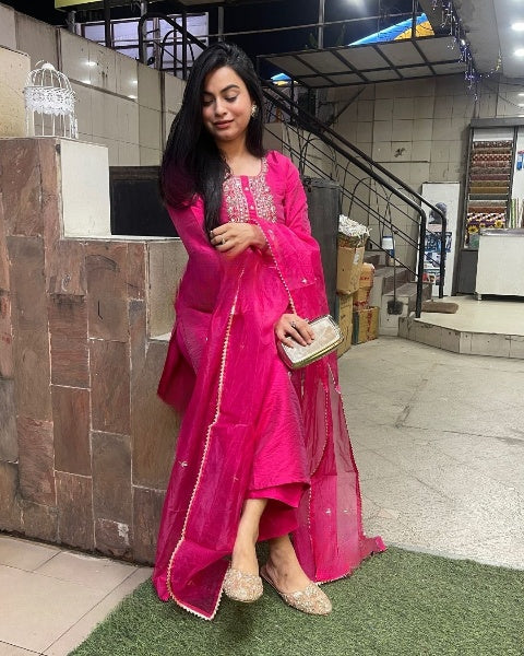 Embroidered Straight Kurti with Pants & Dupatta