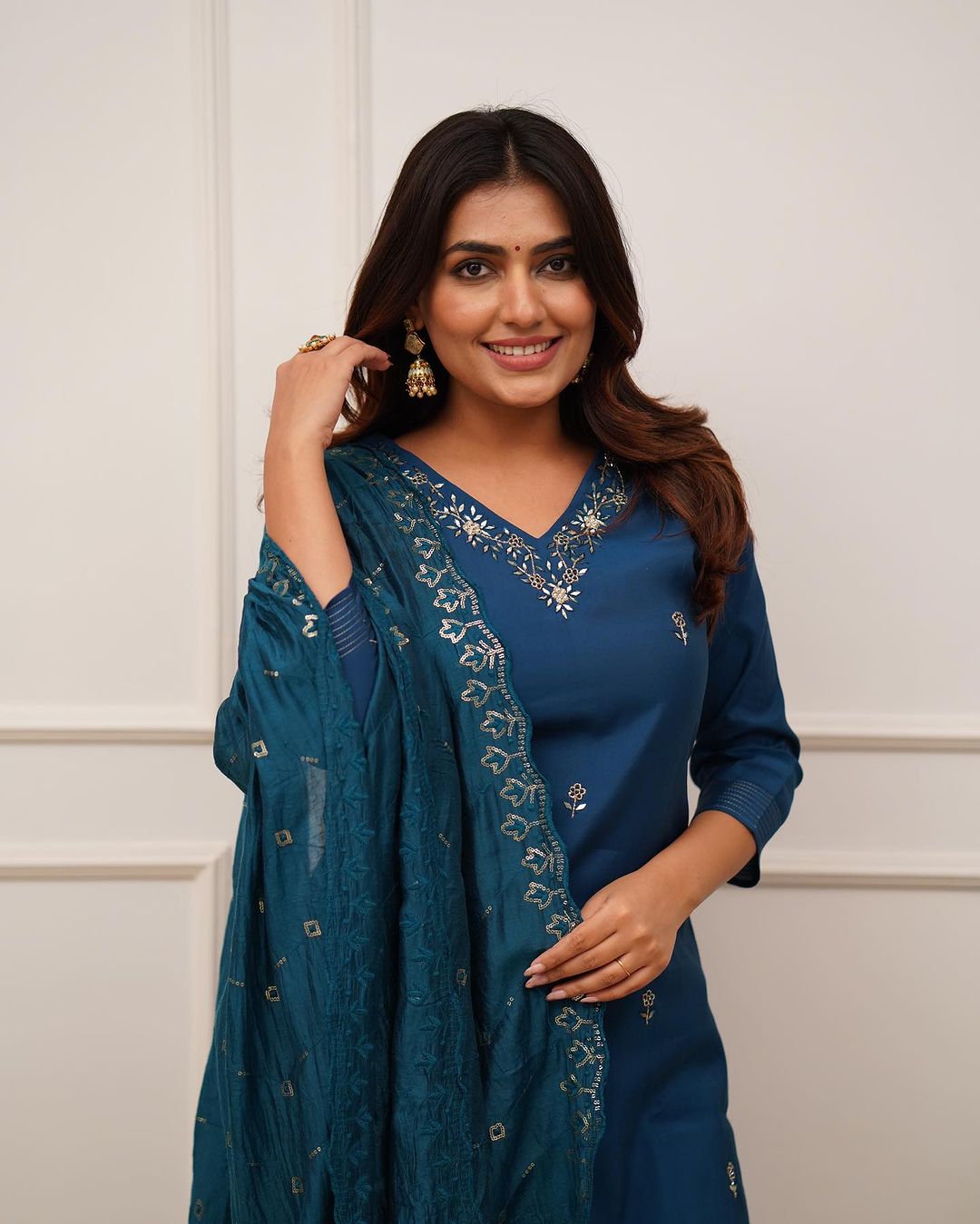 Embroidered Straight Kurti with Pants & Dupatta