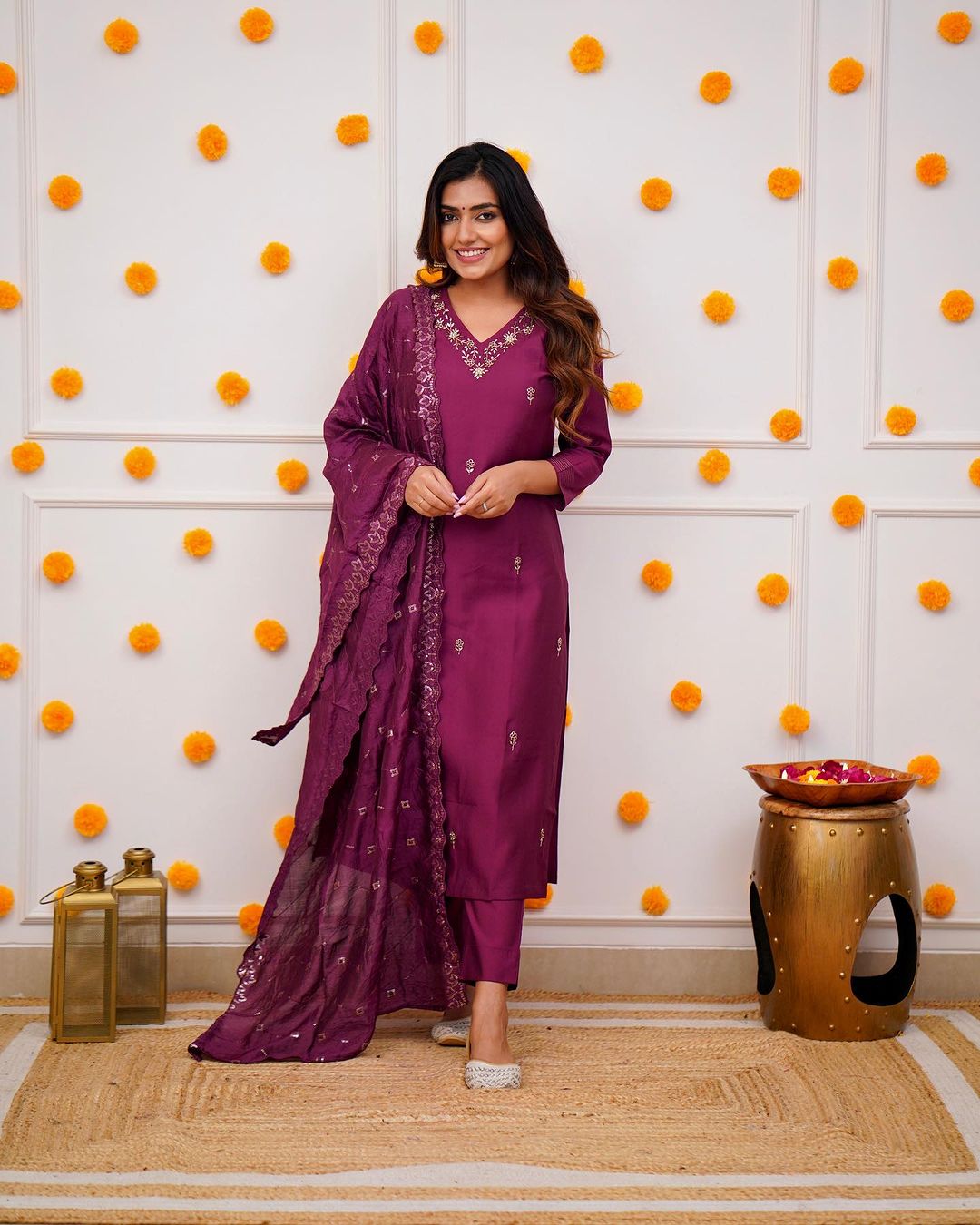 Embroidered Straight Kurti with Pants & Dupatta