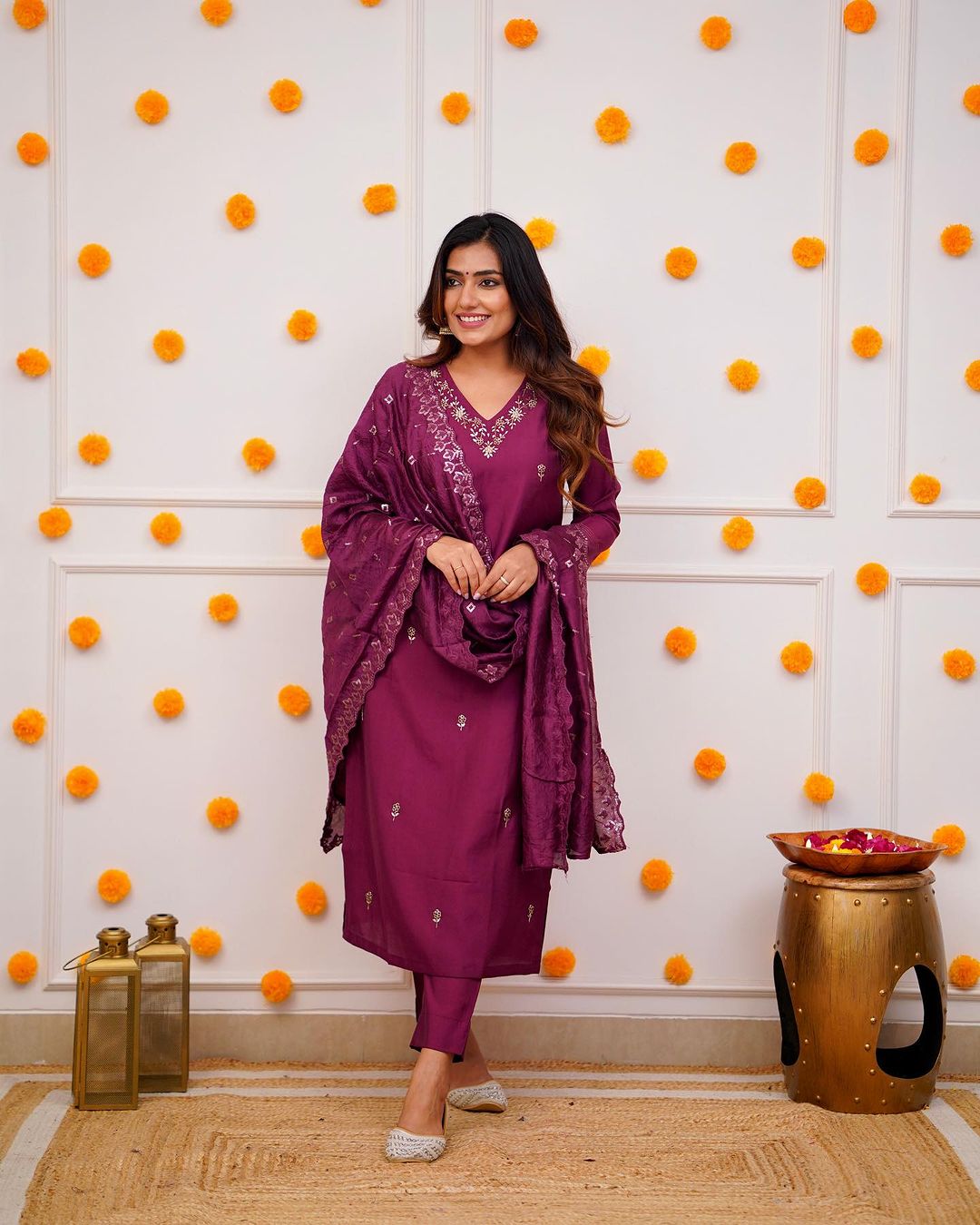 Embroidered Straight Kurti with Pants & Dupatta