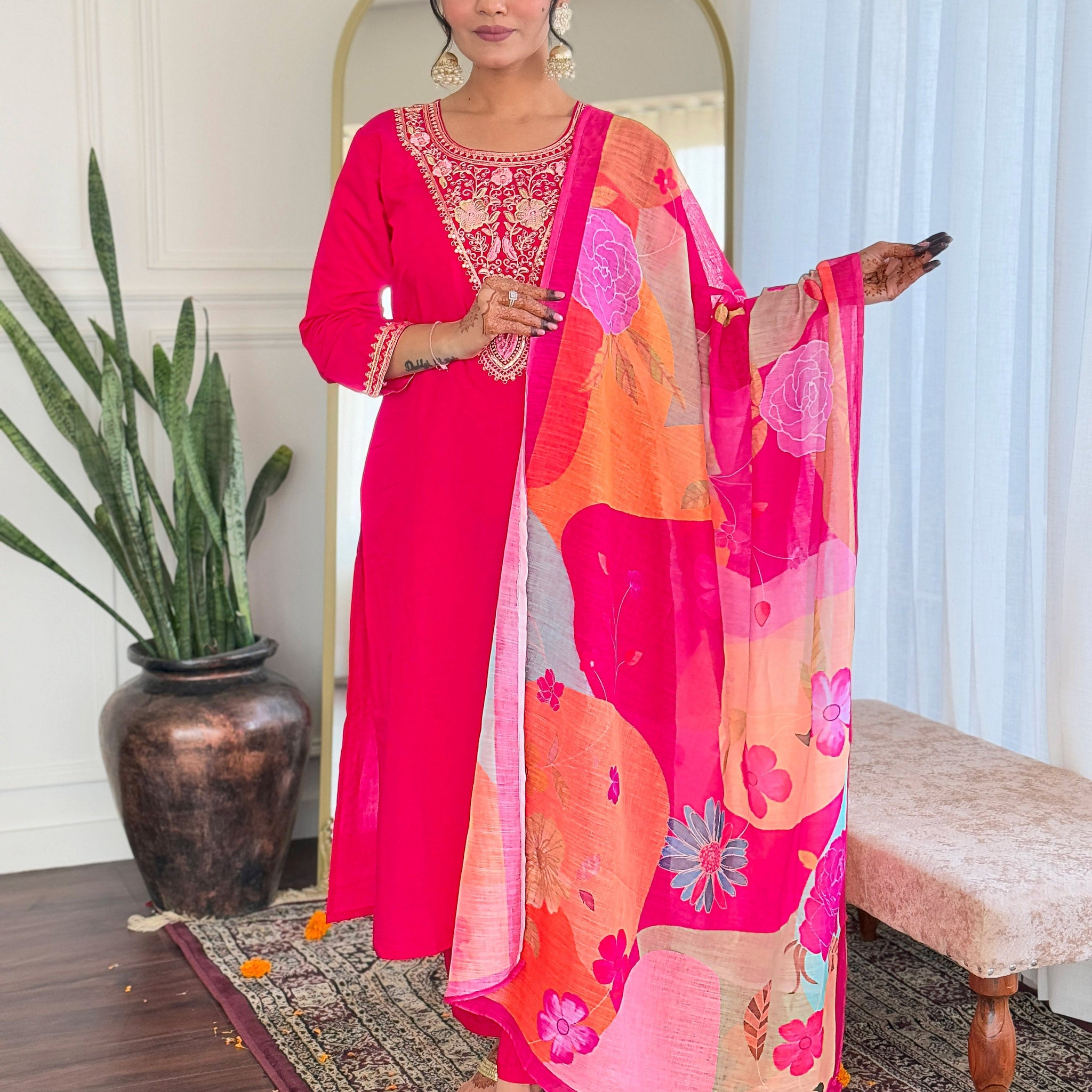 Embroidered Straight Kurti with Pants & Dupatta