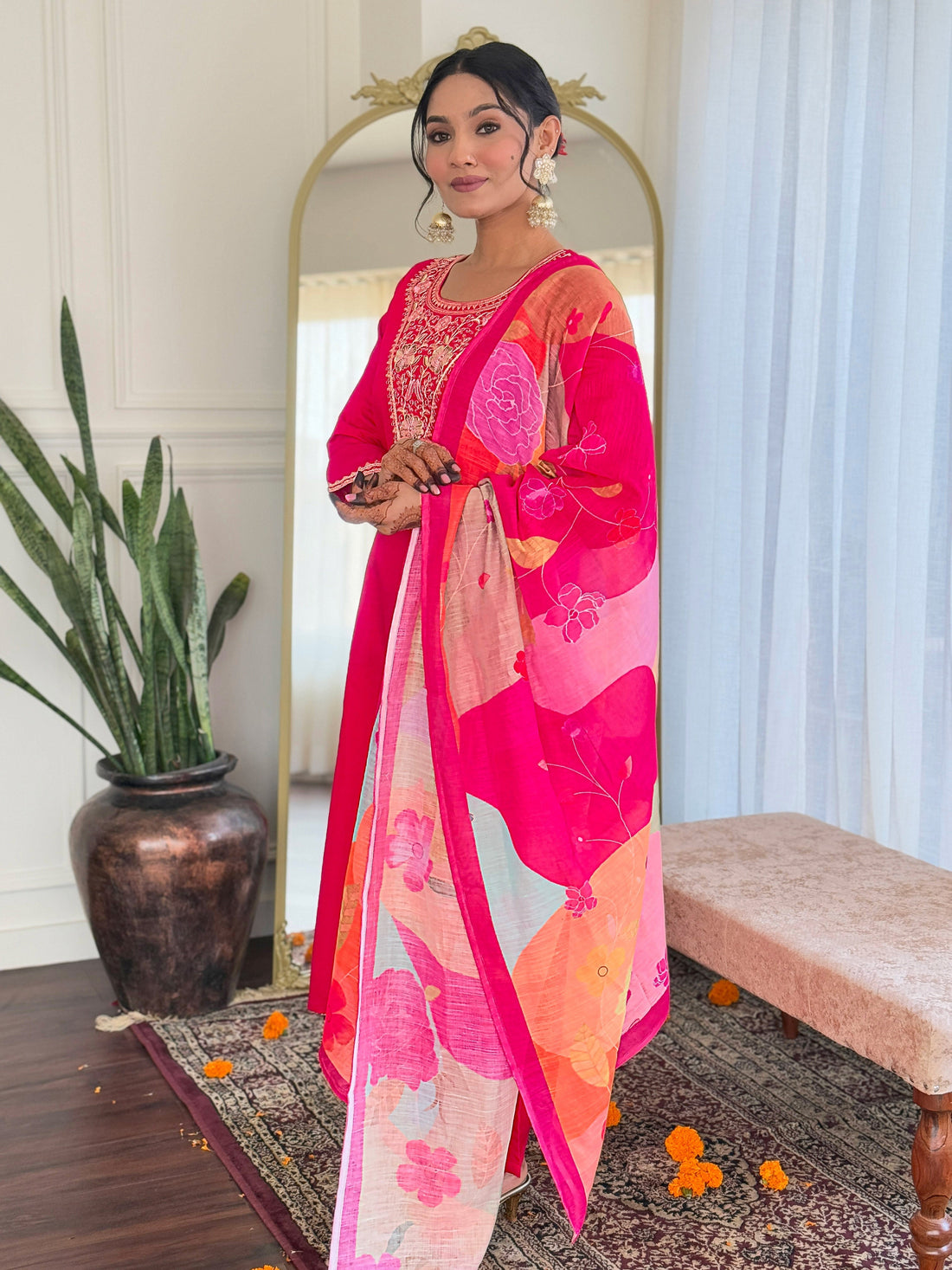 Embroidered Straight Kurti with Pants & Dupatta