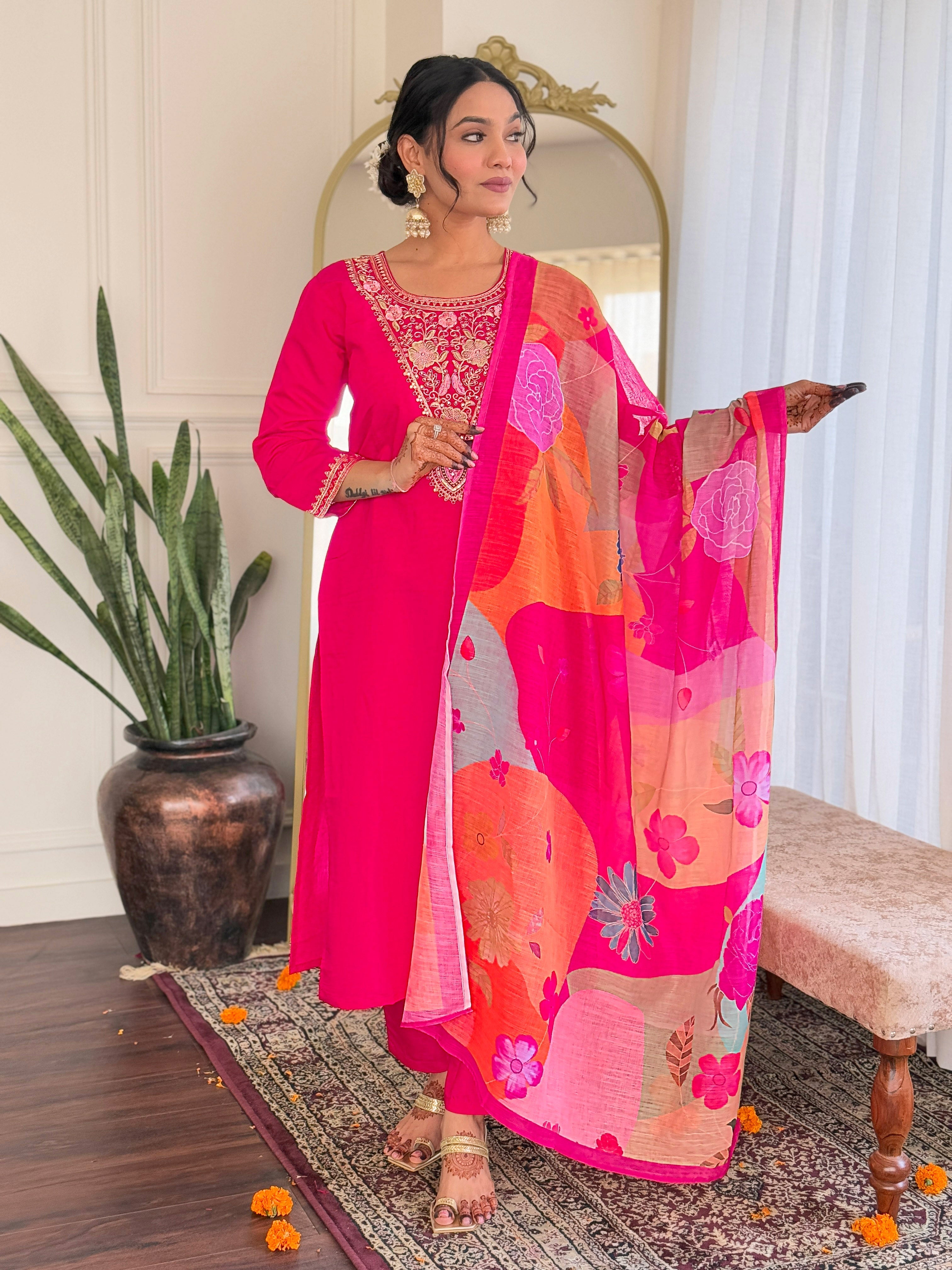Embroidered Straight Kurti with Pants & Dupatta