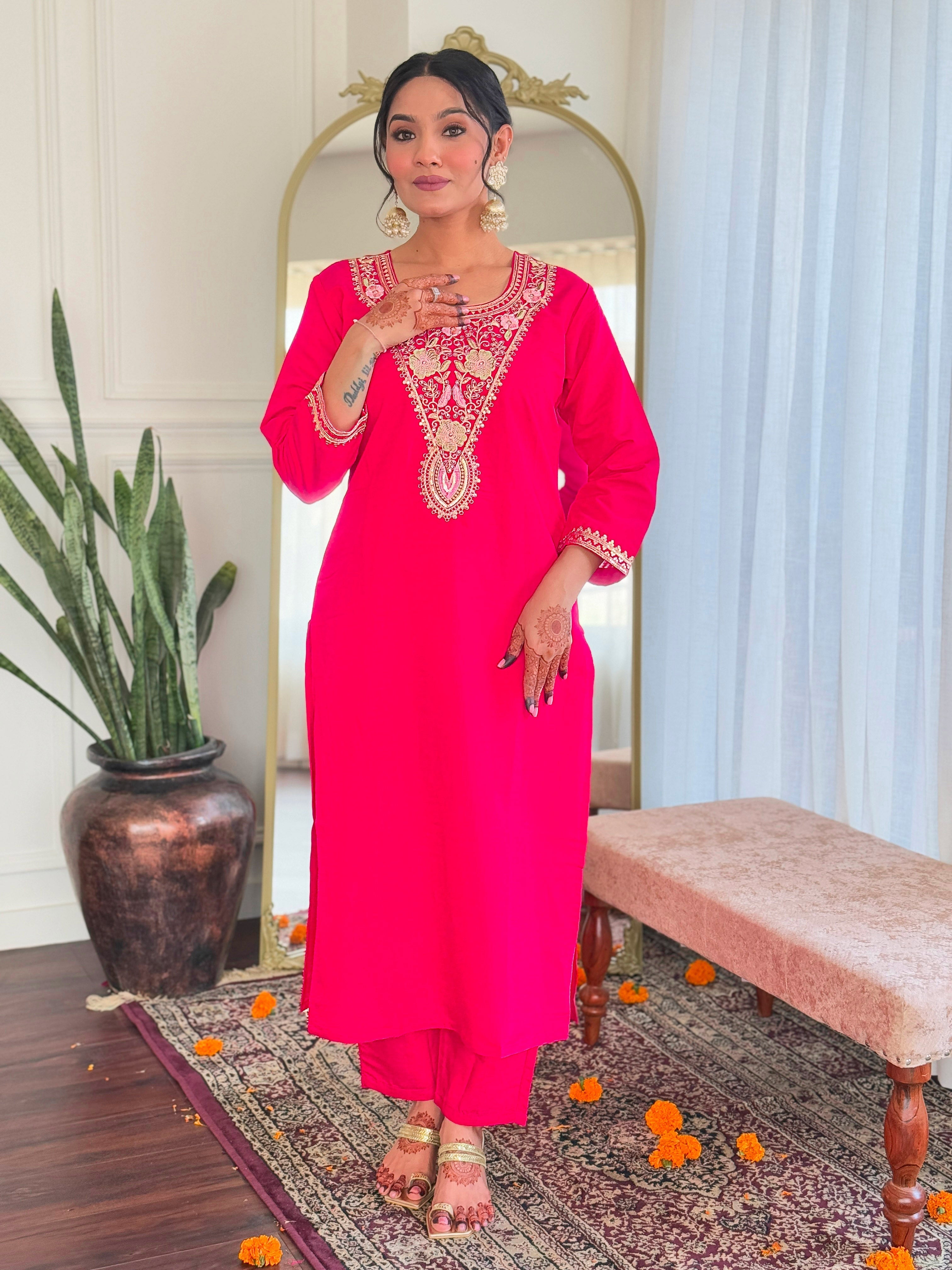 Embroidered Straight Kurti with Pants & Dupatta