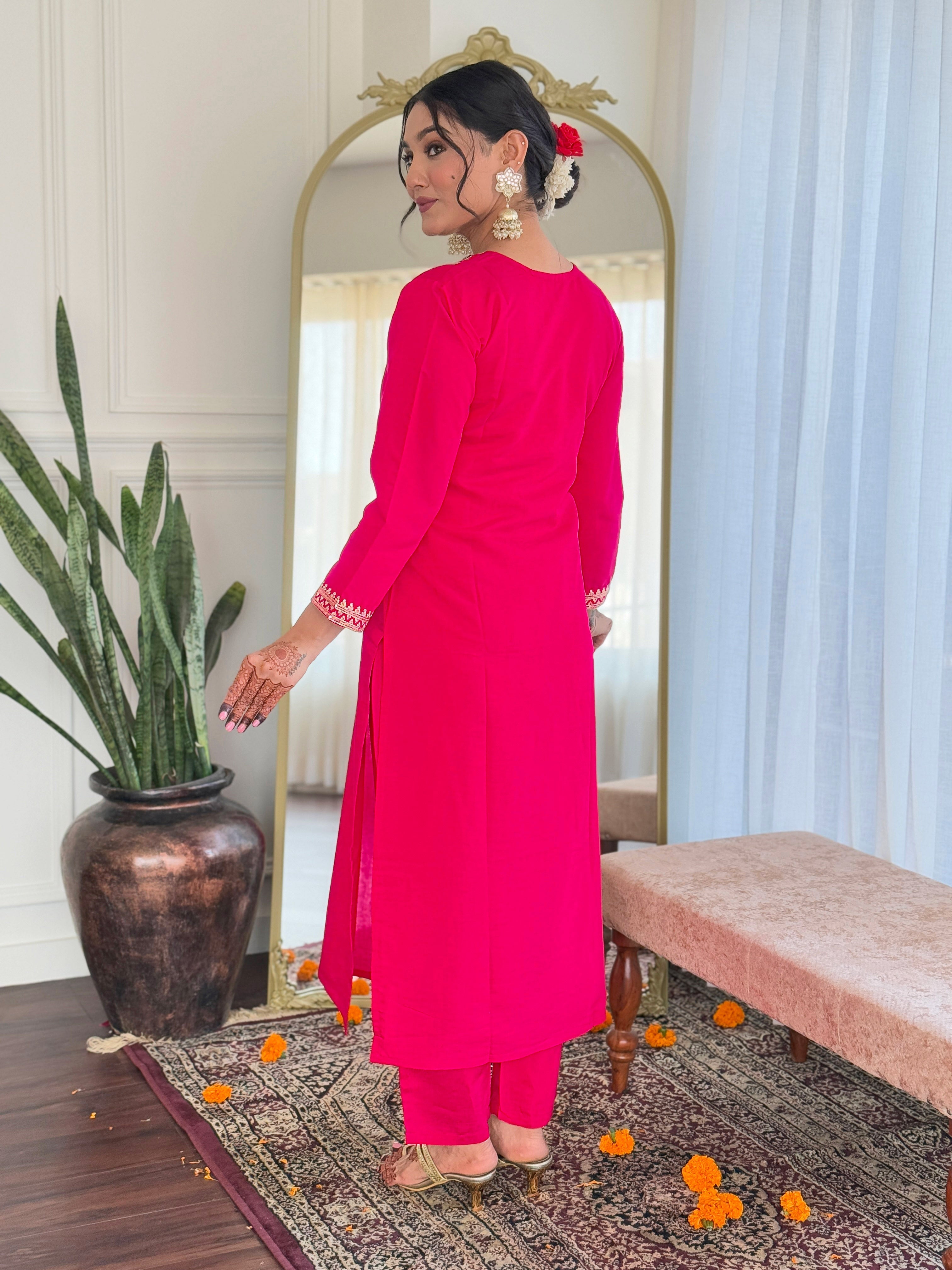 Embroidered Straight Kurti with Pants & Dupatta