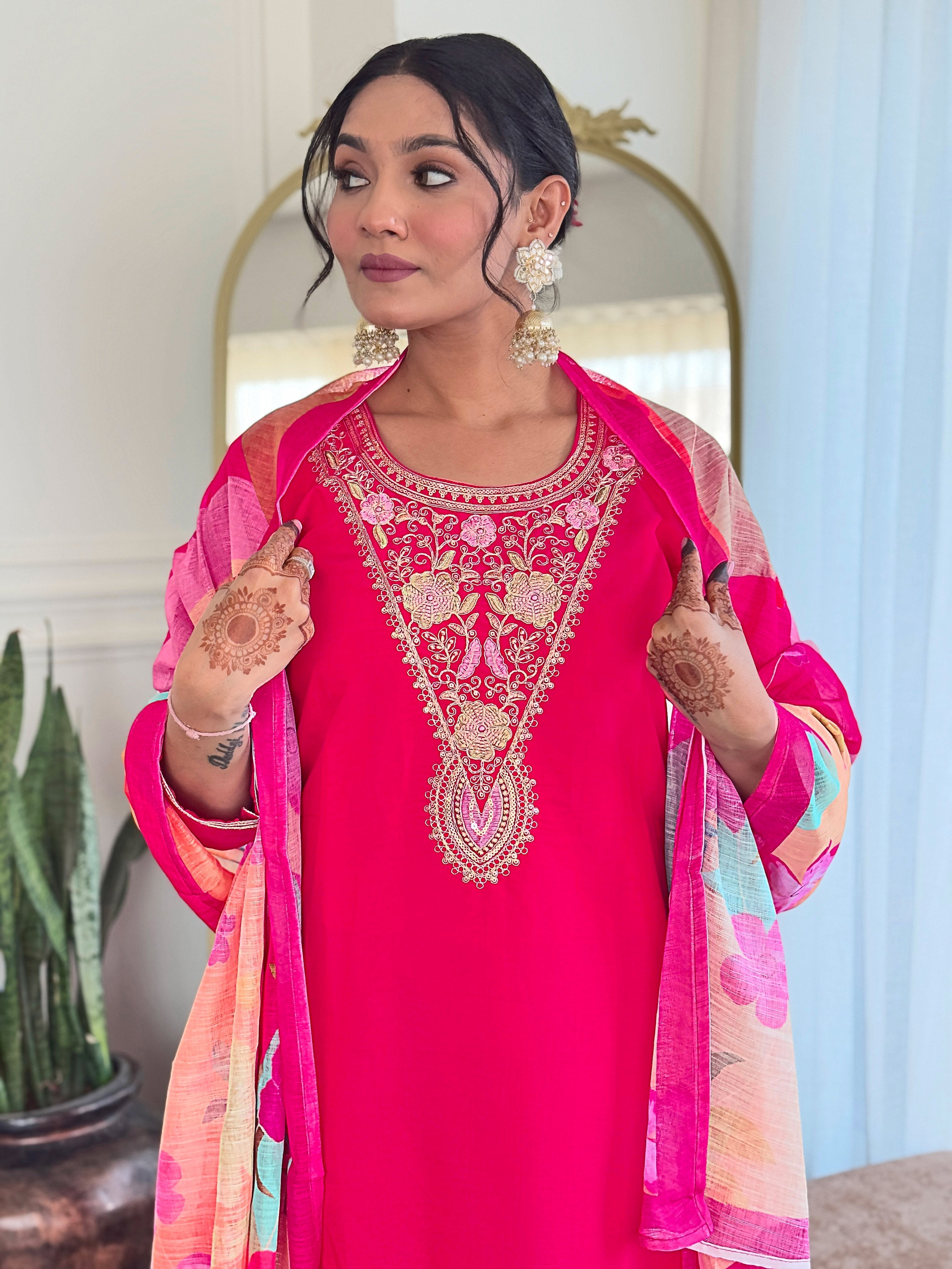 Embroidered Straight Kurti with Pants & Dupatta