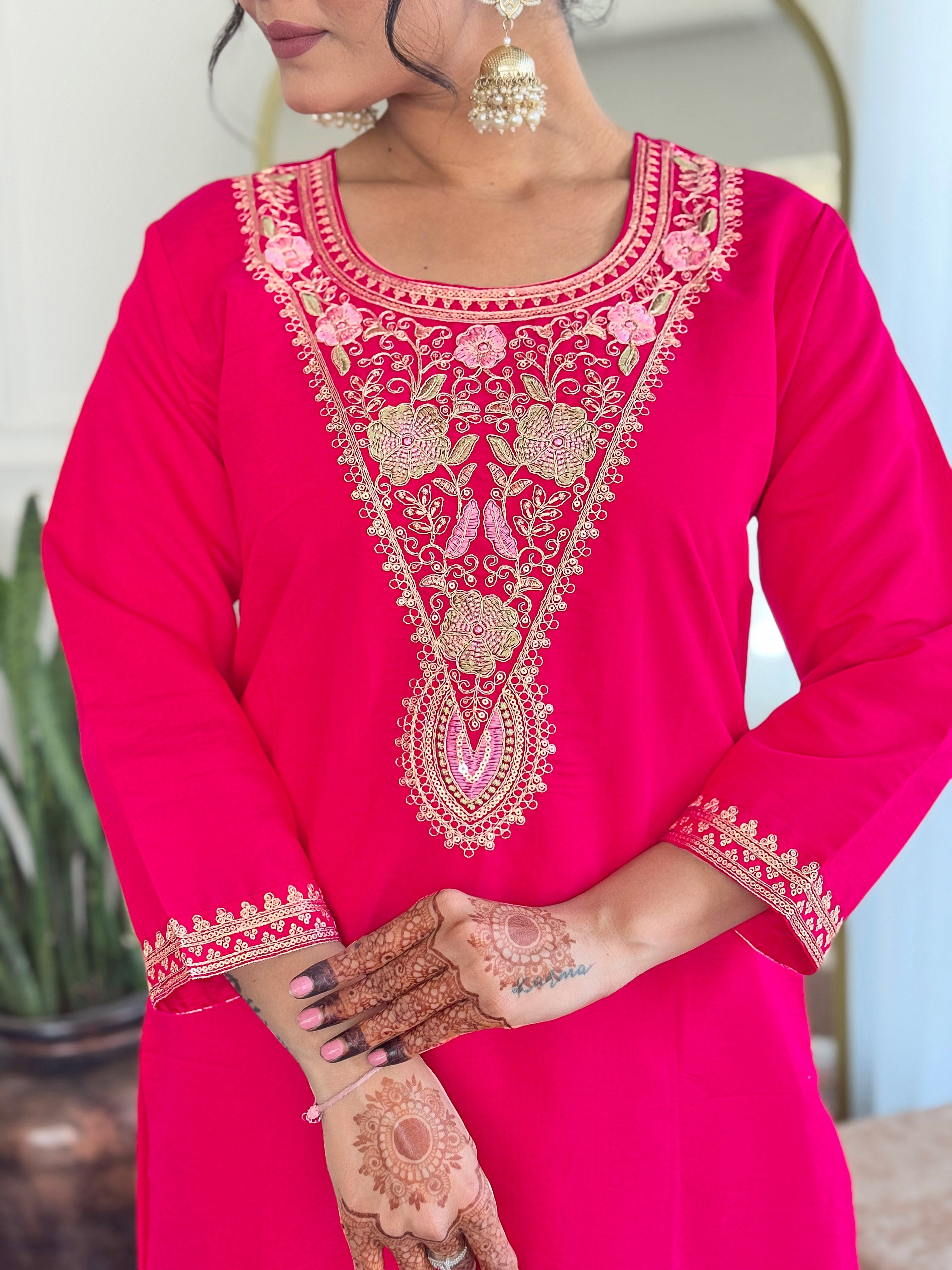 Embroidered Straight Kurti with Pants & Dupatta