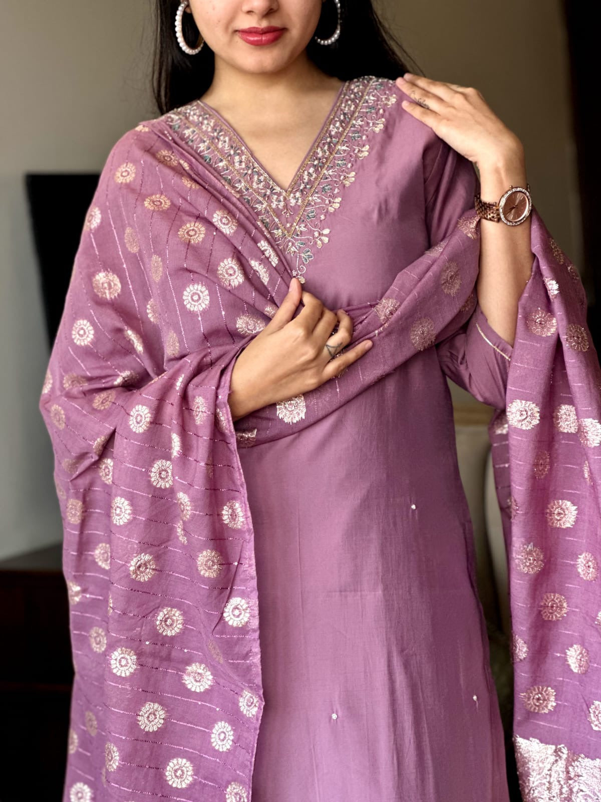 Embroidered Straight Kurti with Pants & Dupatta