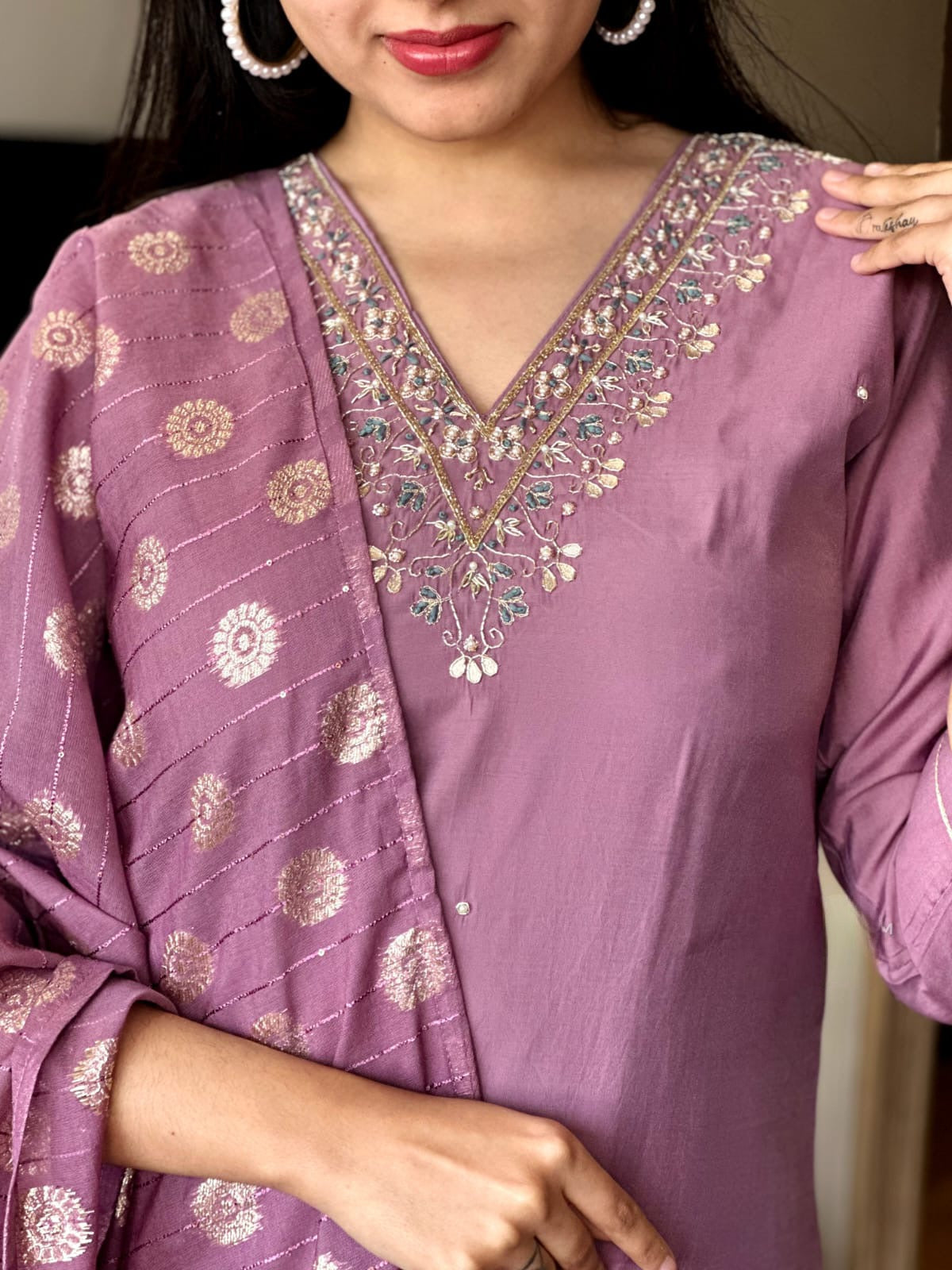 Embroidered Straight Kurti with Pants & Dupatta